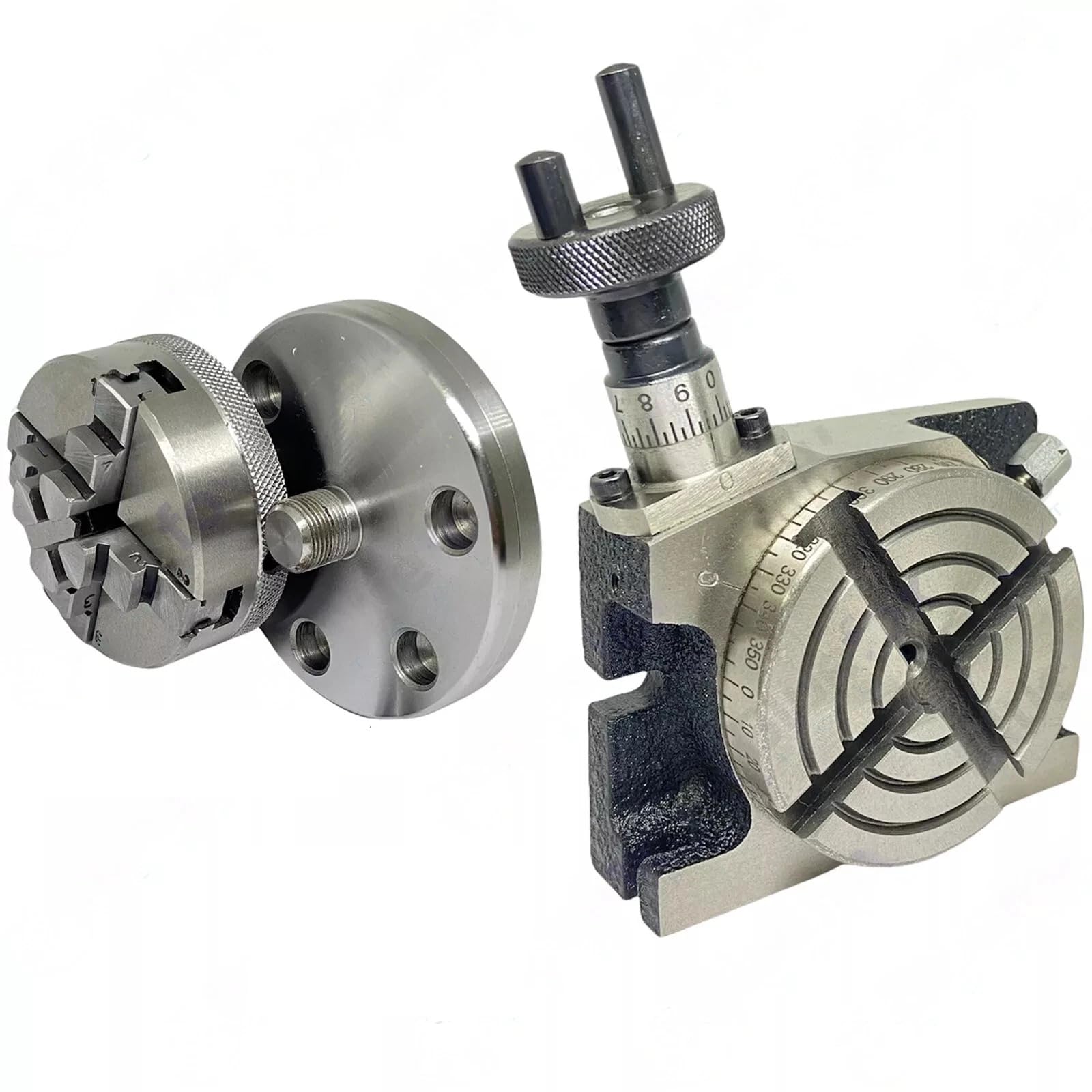 PAck stołu obrotowego 3" 80 mm z 4-szczękowym samocentrującym uchwytem tokarskim 50 mm, płyta tylna i nakrętka T, gwint M14x1 | precyzyjne frezowanie, wiercenie i obróbka