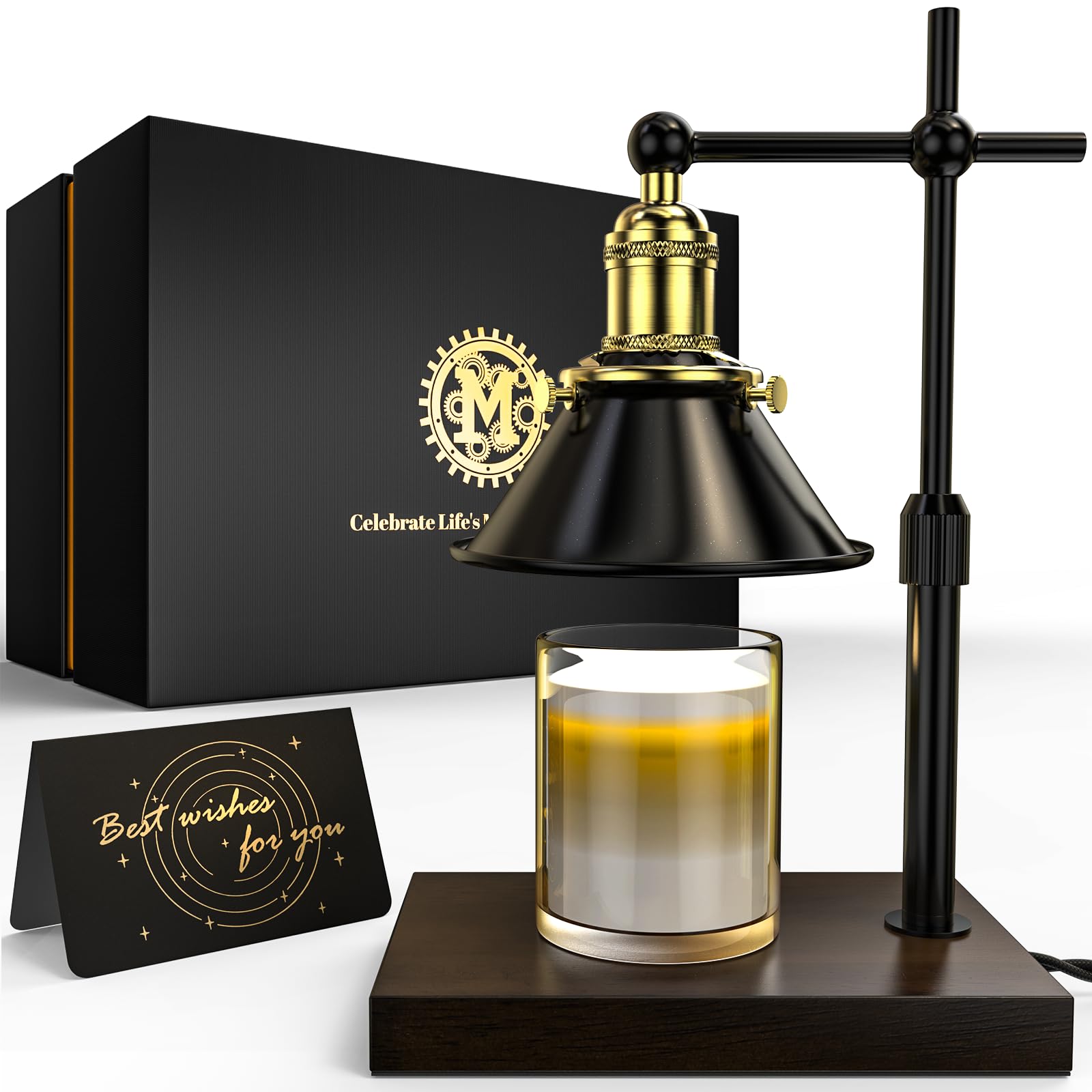 MOAMI Industrial Candle Warmer Lamp, Wax Melting Lamps with Adjustable Height and Log-Wood Base, Dimmable with Timer, Gifts for Home Decor,Compatible with Yankee Candle,Christmas Gift