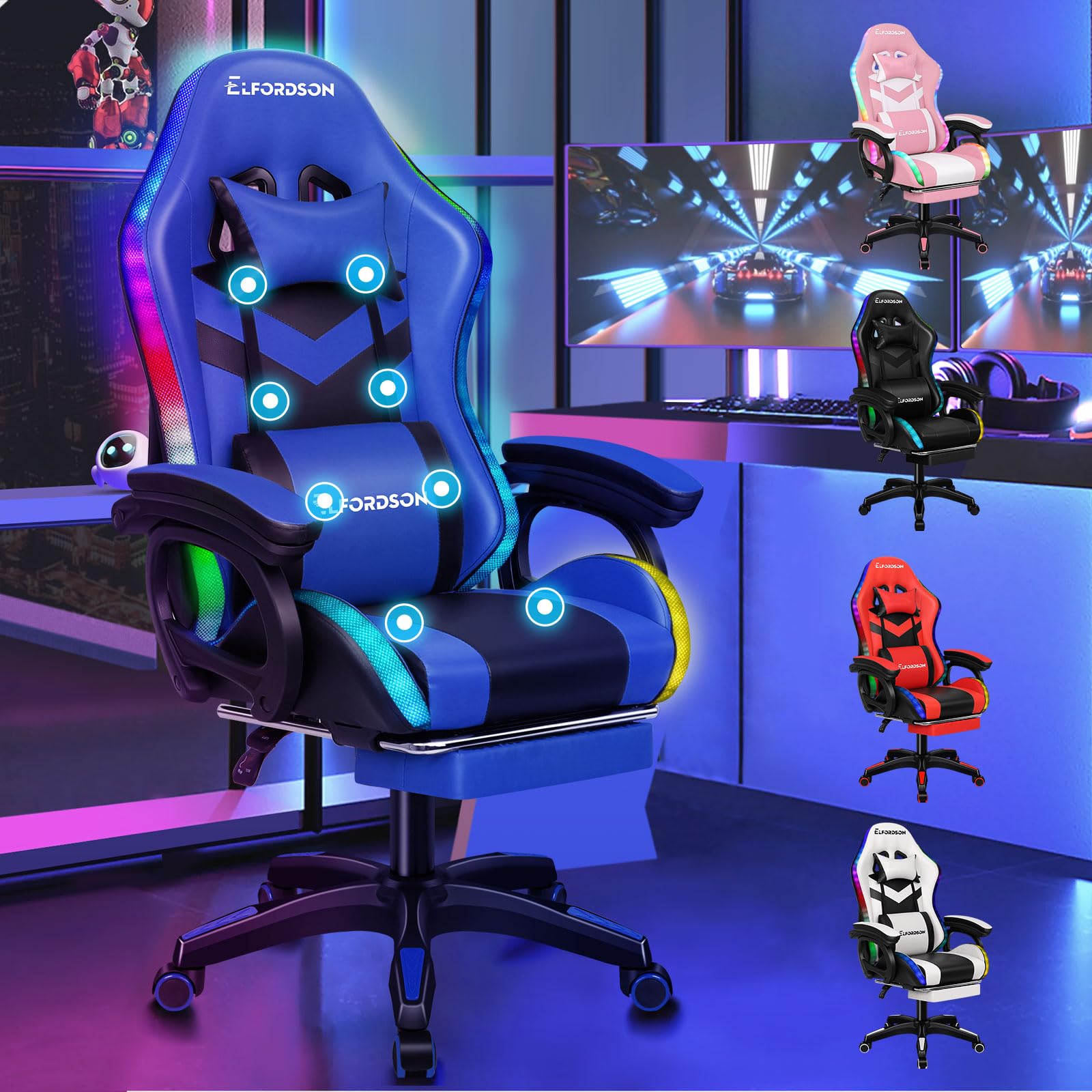 ELFORDSON LED Gaming Chair, 8-Point Massage Computer Office Chair with Lumbar Support Footrest 82cm High Back 150° Recliner, Adults and Kids, Blue