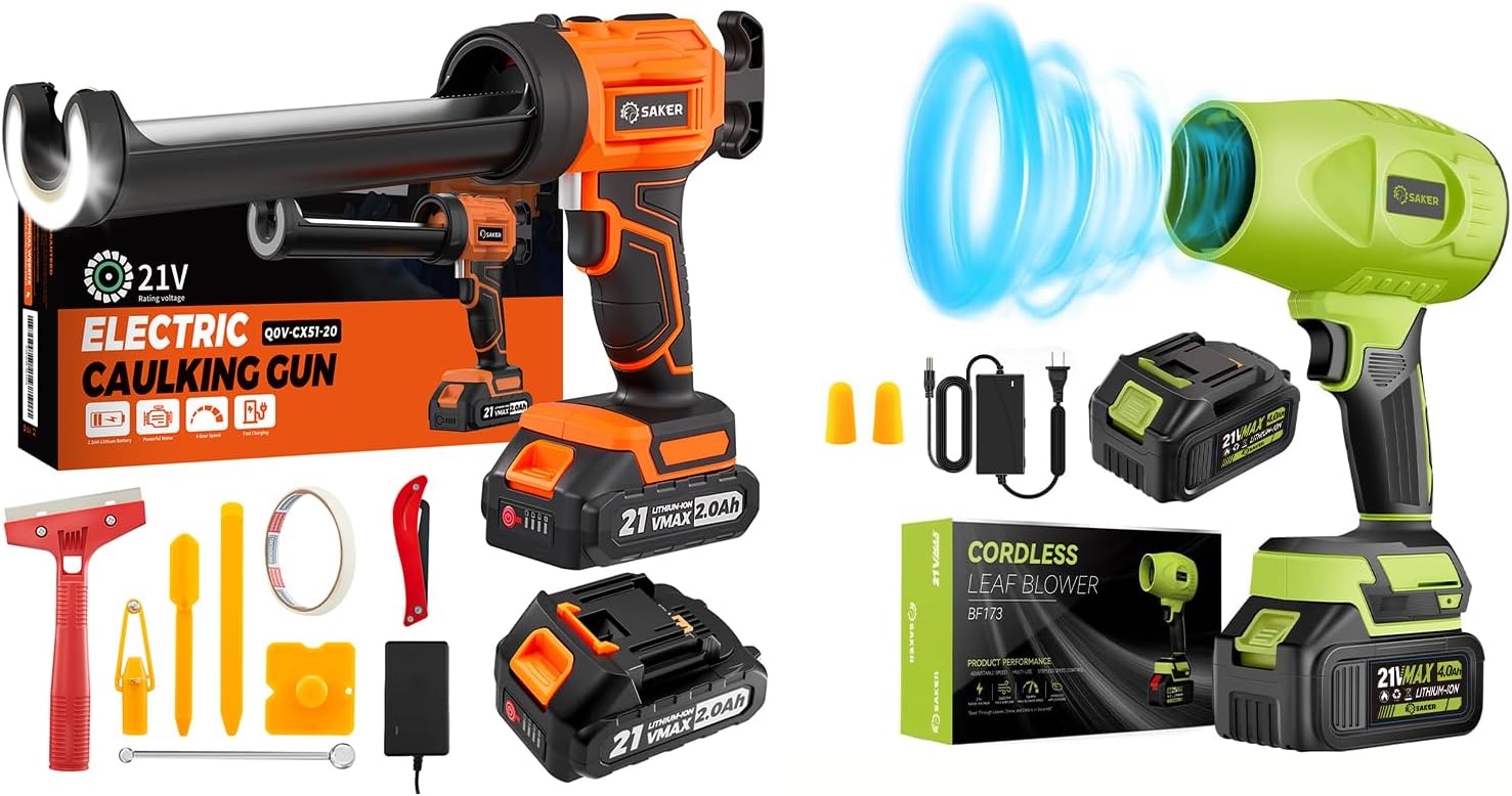Saker Cordless Leaf Blower 180000 RPM with 2×4.0Ah Batteries Green + Saker Electric Caulking Gun Cordless with 4 Speeds & LED Light, Drip-Free 10oz Caulk Applicator – Home Repair & Outdoor Cleaning Bu