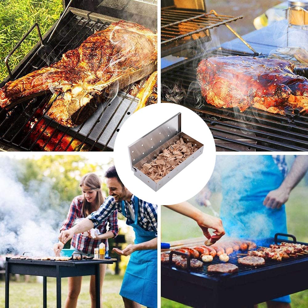 Affumicatore Acciaio Inox Barbecue, BBQ Aroma Box, Scatola per affumicatura per barbecue a gas,per affumicatori, barbecue a carbonella e a gas Smoker Box