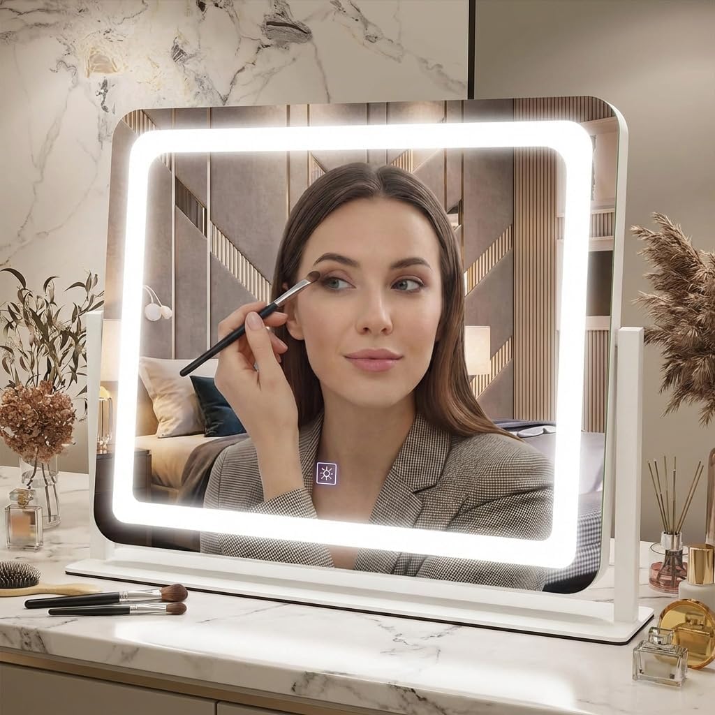 Vanity Mirror with Lights, 17''x22'' Lighted Makeup Mirror, LED Makeup Mirror, Smart Touch with 3-Color Lighting Modes, Dimmable, for Bedroom Tabletop - White
