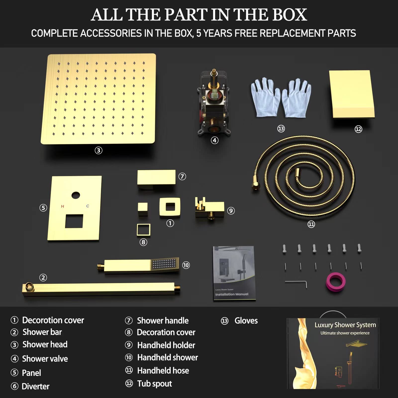 Shower System Rain Shower Faucet Set with Tub Spout,10 inch Bathroom Wall Mounted Waterfall Bathtub Faucet with Handheld Spray and Rough-in Valve Body and Trim kit,Brushed Gold