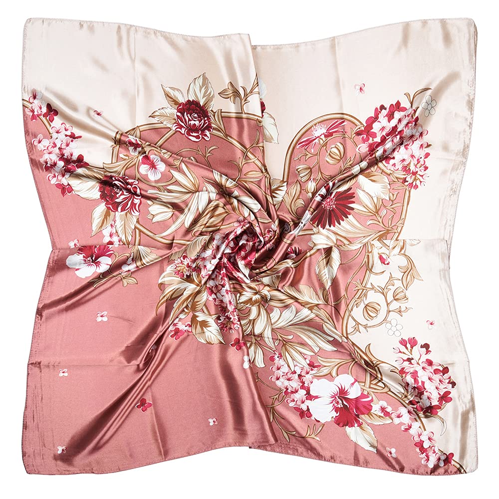 vabovin 35" Women's Kerchief Neckerchief Satin Square Silk Feeling Scarf for Hair Wrapping at Night (Pink Flowers)