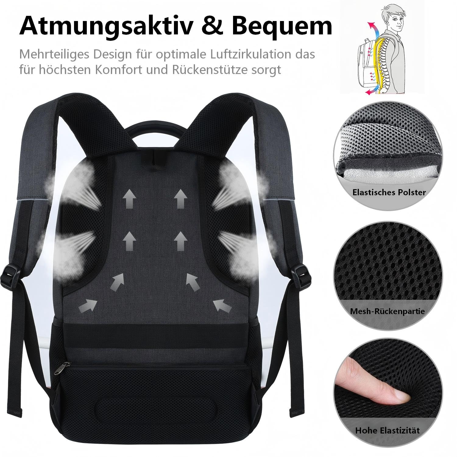 marcello Rucksack Herren, Laptop Rucksack mit USB Ladeanschluss für 17 Zoll Notebooks Arbeit Business, Schule Uni Schulrucksack für Jungen Teenager mit Anti Diebstahl Tasche (Retro-schwarz, 20 Zoll)