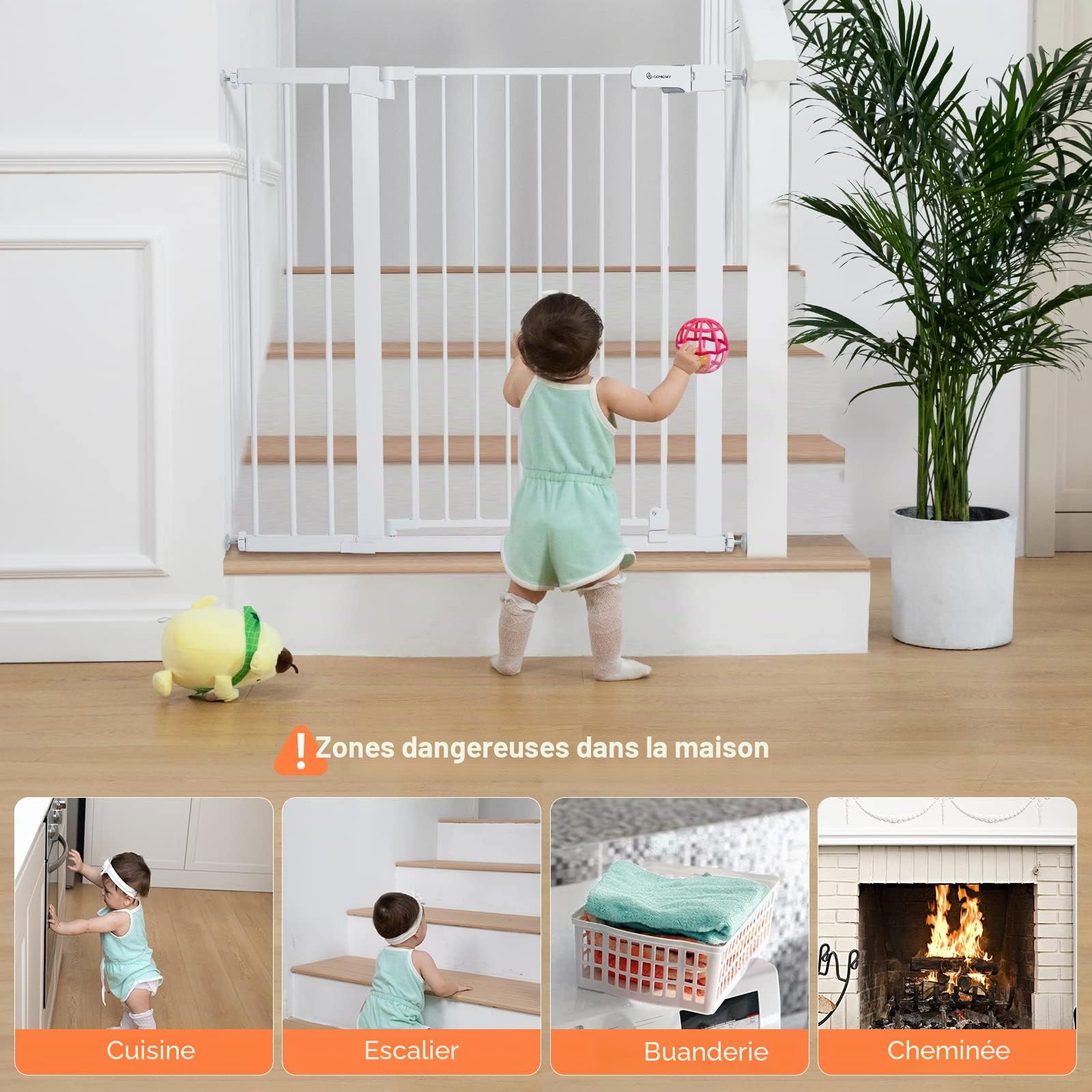 COMOMY Barriere de Securite Enfant Super Haute, 75-124cm Barriere Chien Escalier, sans Percage, Extensible, Fermeture Automatique, Monté sous Pression, Parfait pour Les Escaliers, Portes et Couloirs