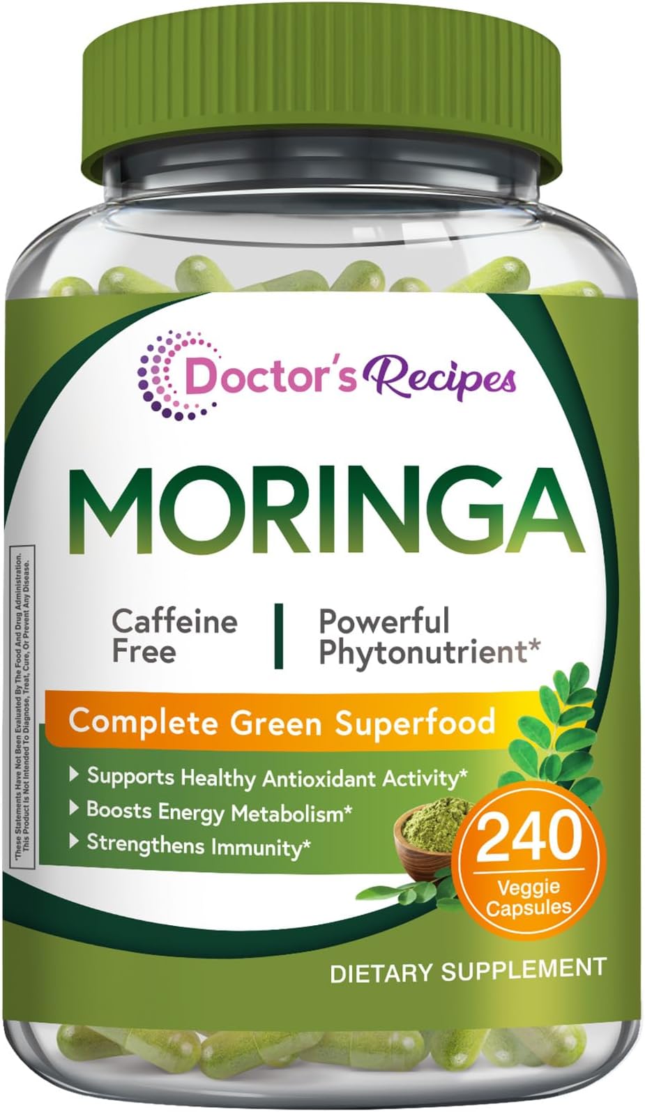 Doctor's Recipes Moringa, Complete Green Superfood, Natural Antioxidant Support, Non-GMO, 240 Vegan Caps, No Caffeine Soy Gluten