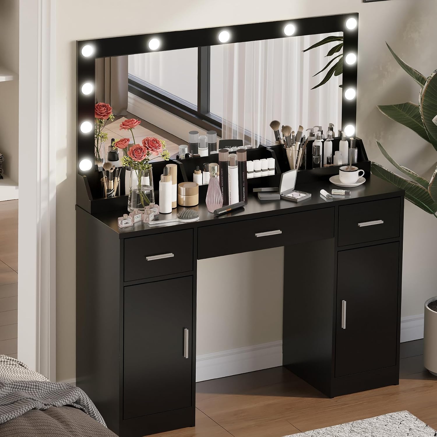 Vanity Table with Mirror, 2 Drawers and 3-Tier Storage Makeup Vanity Desk, 12 LED Lights and 3 Color Lighting Modes, Perfect for Bedroom and Dressing Room Vanity Area (G - Black)
