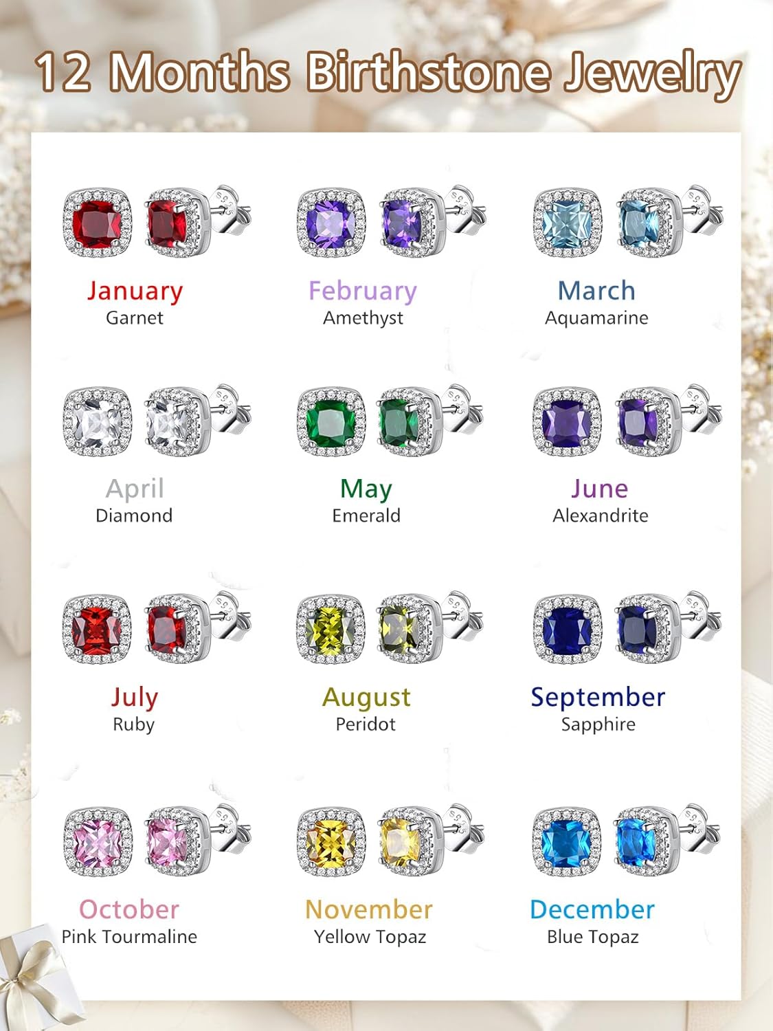 FindChic Birthstone Earrings for Women, Round/Heart/Square/Teardrop Earrings with 925 Sterling Silver Posts & Push Backs, Hypoallergenic Studs with Cubic Zirconia, 12 Months Jewelry with Gift Box - Image 7