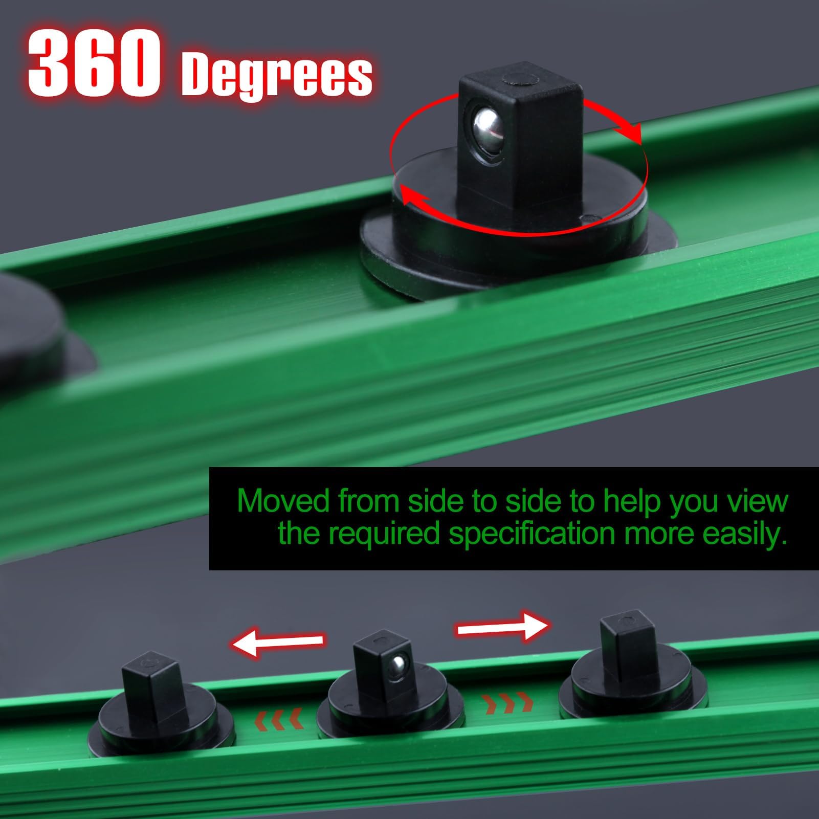 SPEEDWOX Magnetic Socket Organizer 1/4-Inch Drive Aluminum Alloy Socket Rail Heavy Duty Socket Holder 360° Swivel Clips Socket Holder Kit Socket Organizer Holder Tool 1/4-Inch with 14 Clips Green - Image 4