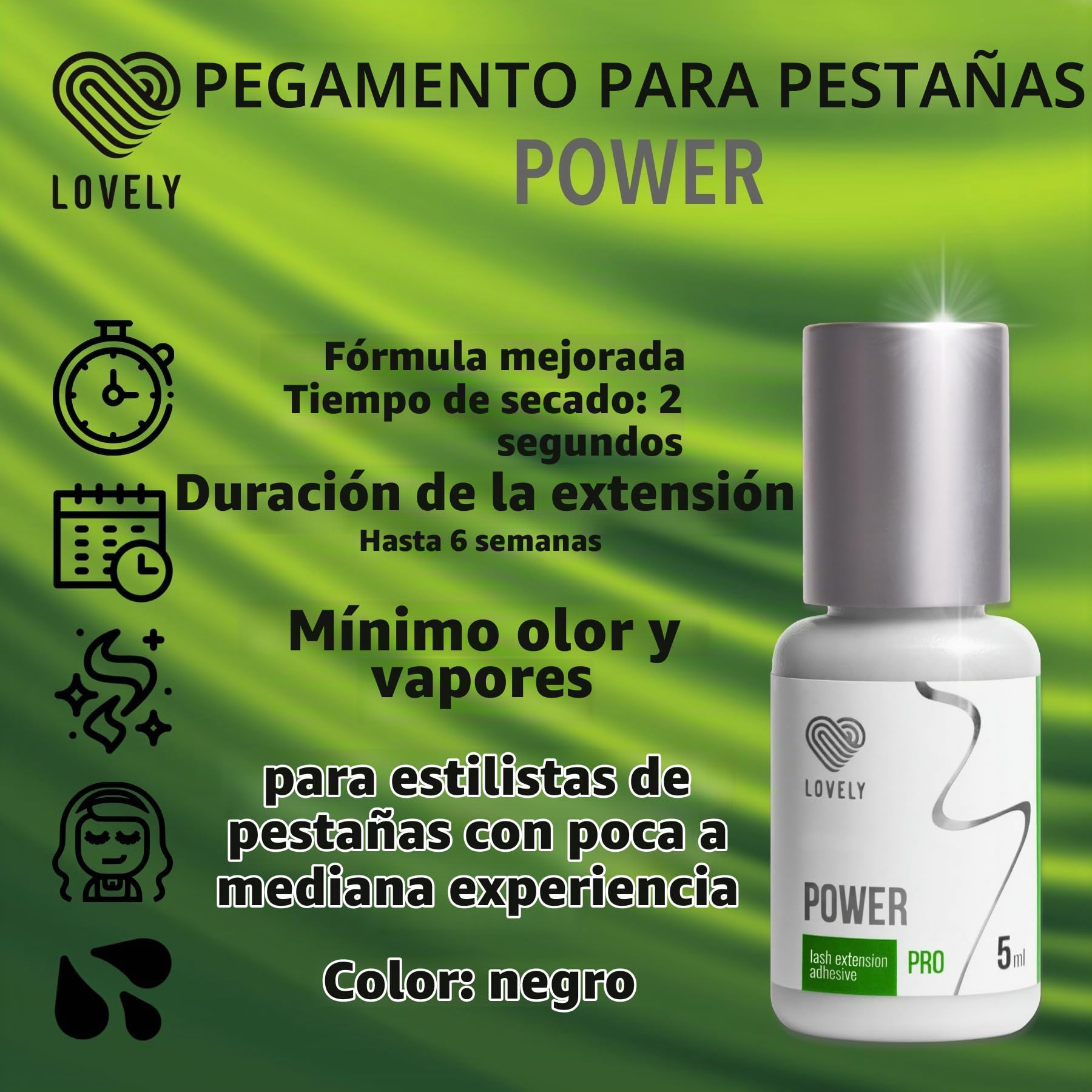LOVELY POWER pegamento para pestañas - 5ML, Negro - pegamento medio-rápido, tiempo de secado: de 2 segundos a 6 semanas de adhesión, muy duradero, para extensiones de pestañas profesionales