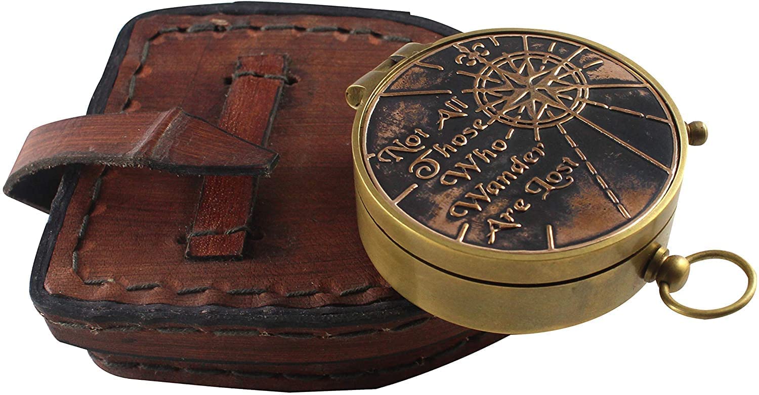 Vintage Nautical Antique Not All Those Who Wander are Lost Solid Brass Compass W/Leather Case for Hiking,Camping, & Other Outdoor Activities Antique Brass Pocket Compass-picture-12