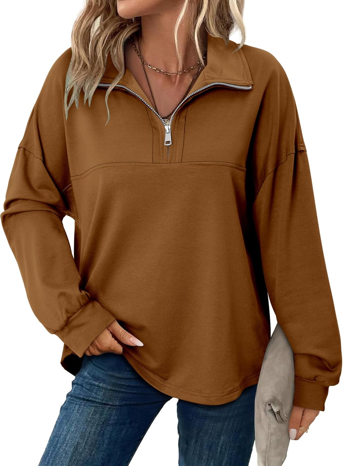 Magritta Womens Sweatshirt Casual Loose Fit Waffle Knit Half Zip Pullover Long Sleeve Lapel Tops - Image 2