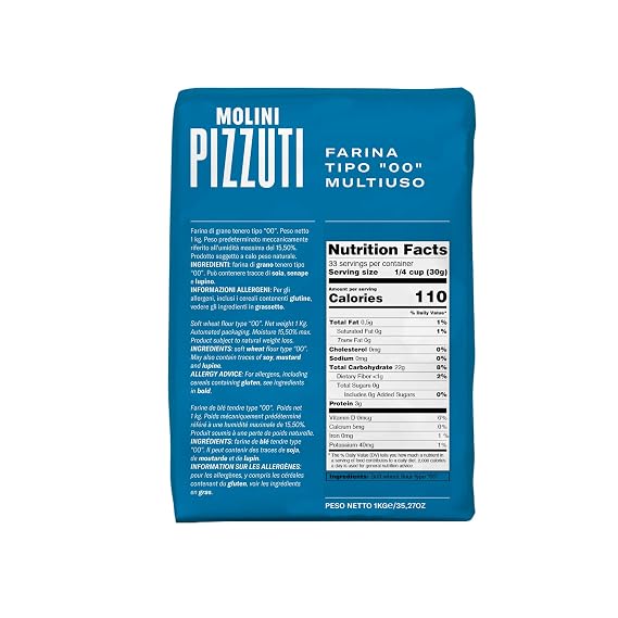Molini Pizzuti Italian Tipo 00 Soft Wheat Flour Ultra-Fine All Natural for Pizza, Bread, Pasta, and Baking, 1 kg (2.2 lbs)