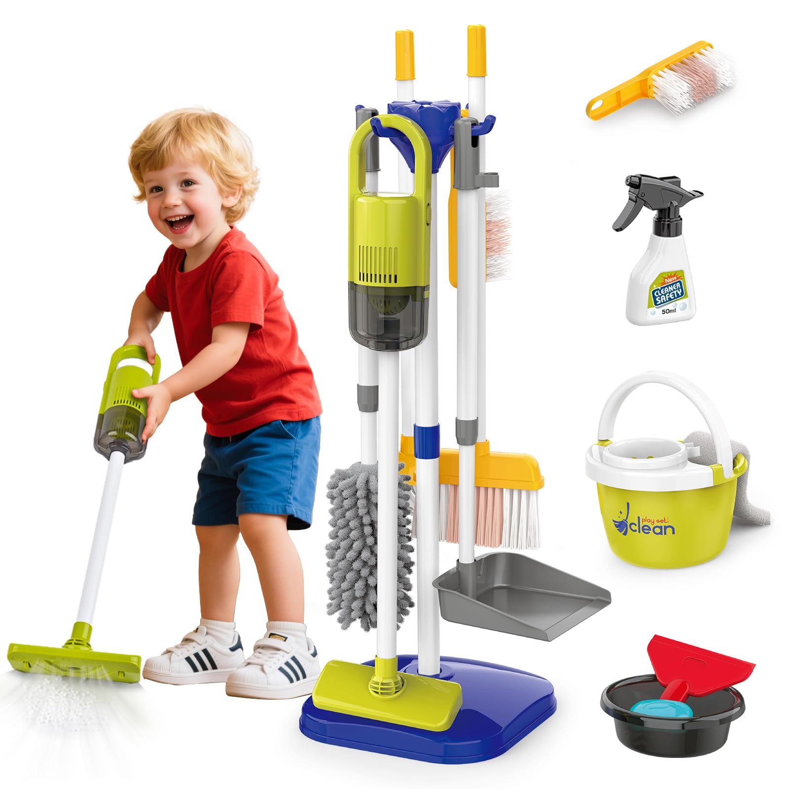Kids Cleaning Toys Set,14PCS Toddler Cleaning Toys with Broom and Dustpan Mop Set, 2in1 Vacuum That Really Works,Toddler Vacuum Cleaner, Pretend Play Cleaning Supplies for Boys Girls Age 3-8