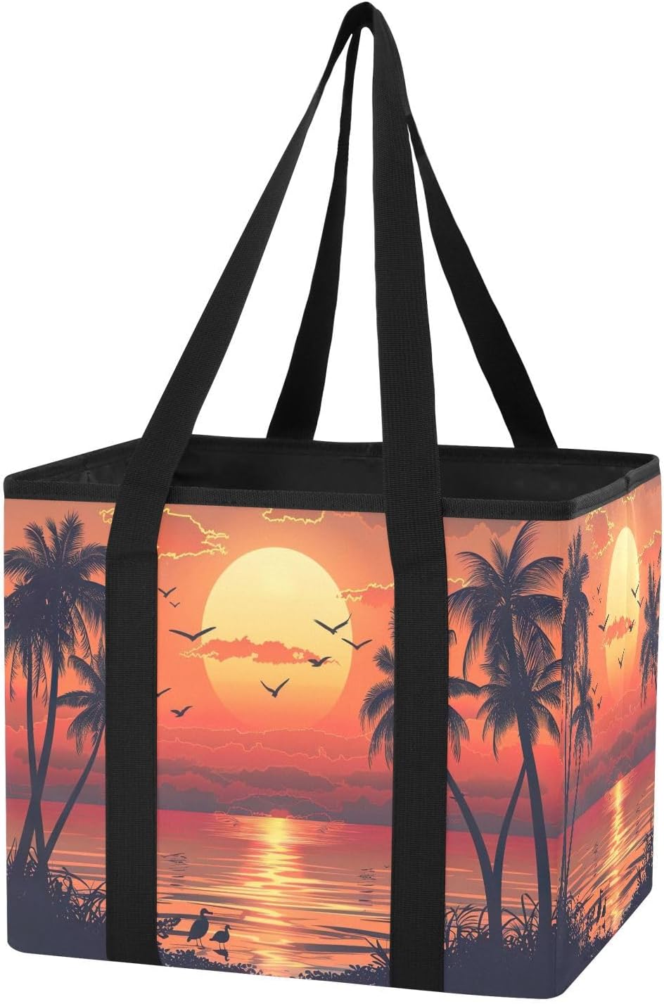 Qilmy Sunset Beach Trunk Organizer for Women Men, Waterproof Collapsible Car Organizers and Storage with Reinforced Handles & Removable PE Board for SUV Sedan Truck, Multi-Purpose Storage Tote Bag