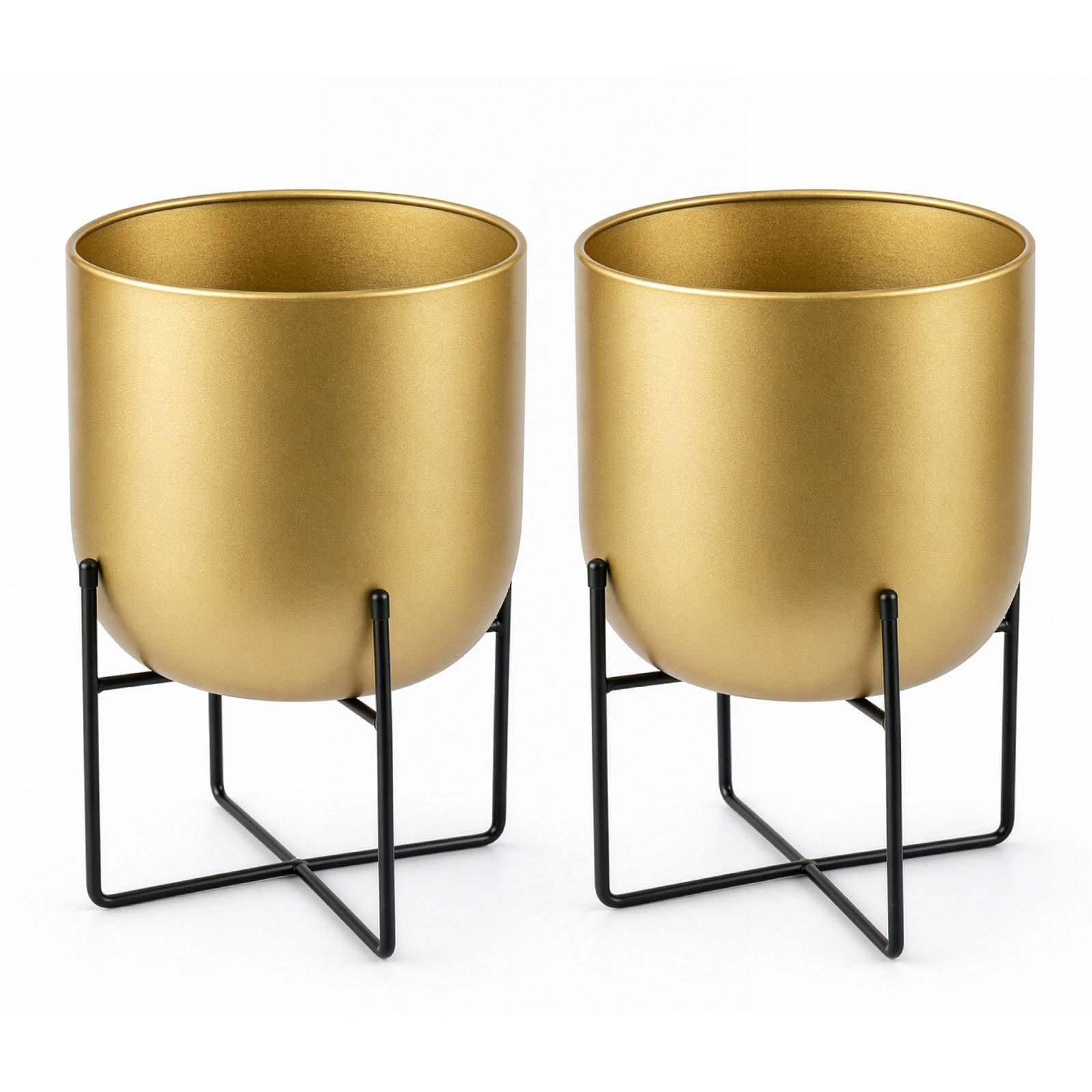 SUNNYNEST Flower Stand, Large Multifunctional Metal Flower Pots with Stands, Indoor/Outdoor Use, Gold Flower Pots with Black Stands, Ideal for Planting Flowers, Herbs Garden Container (2 Pcs Gold)