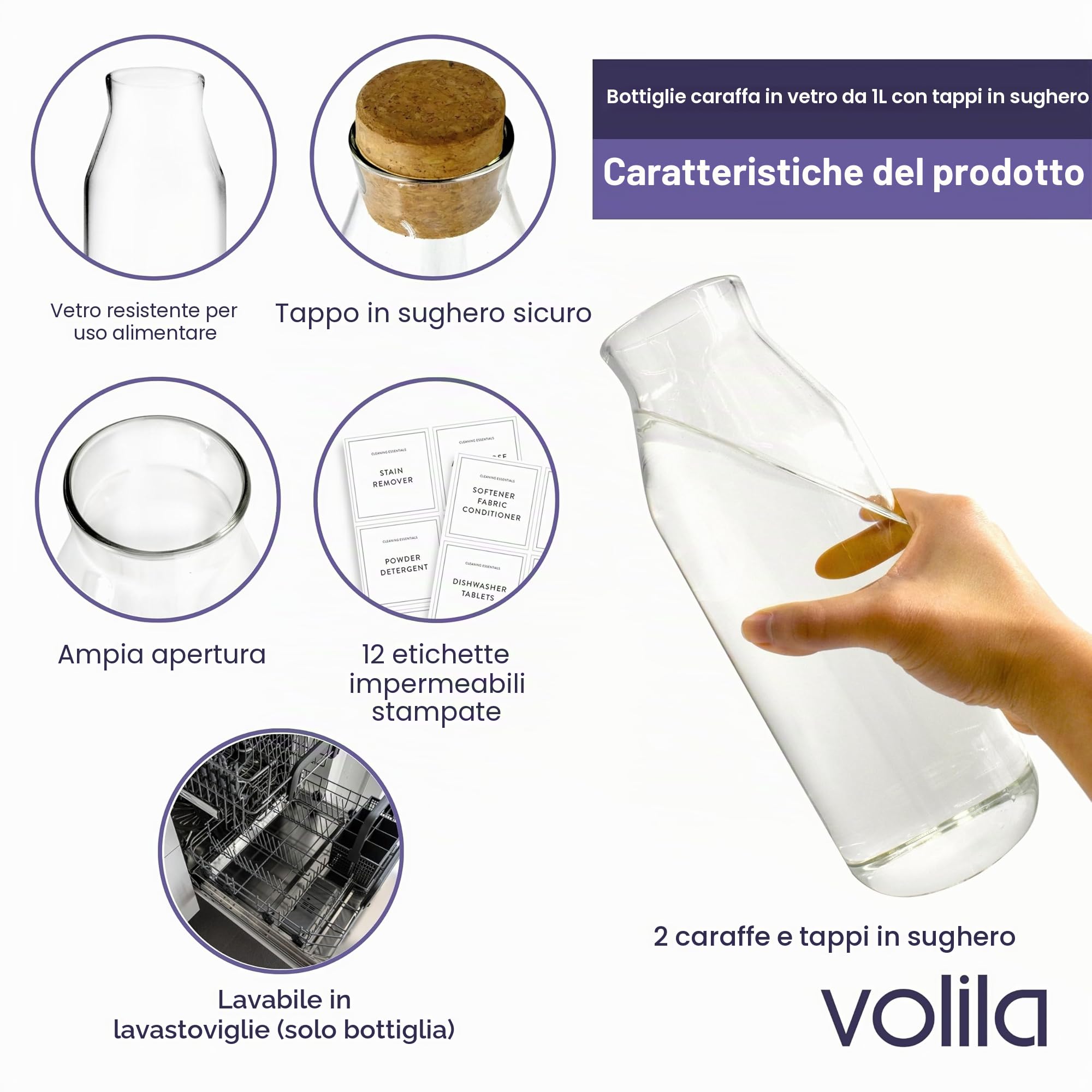 Caraffa per acqua da 1 litro, confezione da 2 caraffe in vetro con coperchio per bevande fredde, latte e succhi di frutta, bottiglie di vetro versatili per conservare detersivi