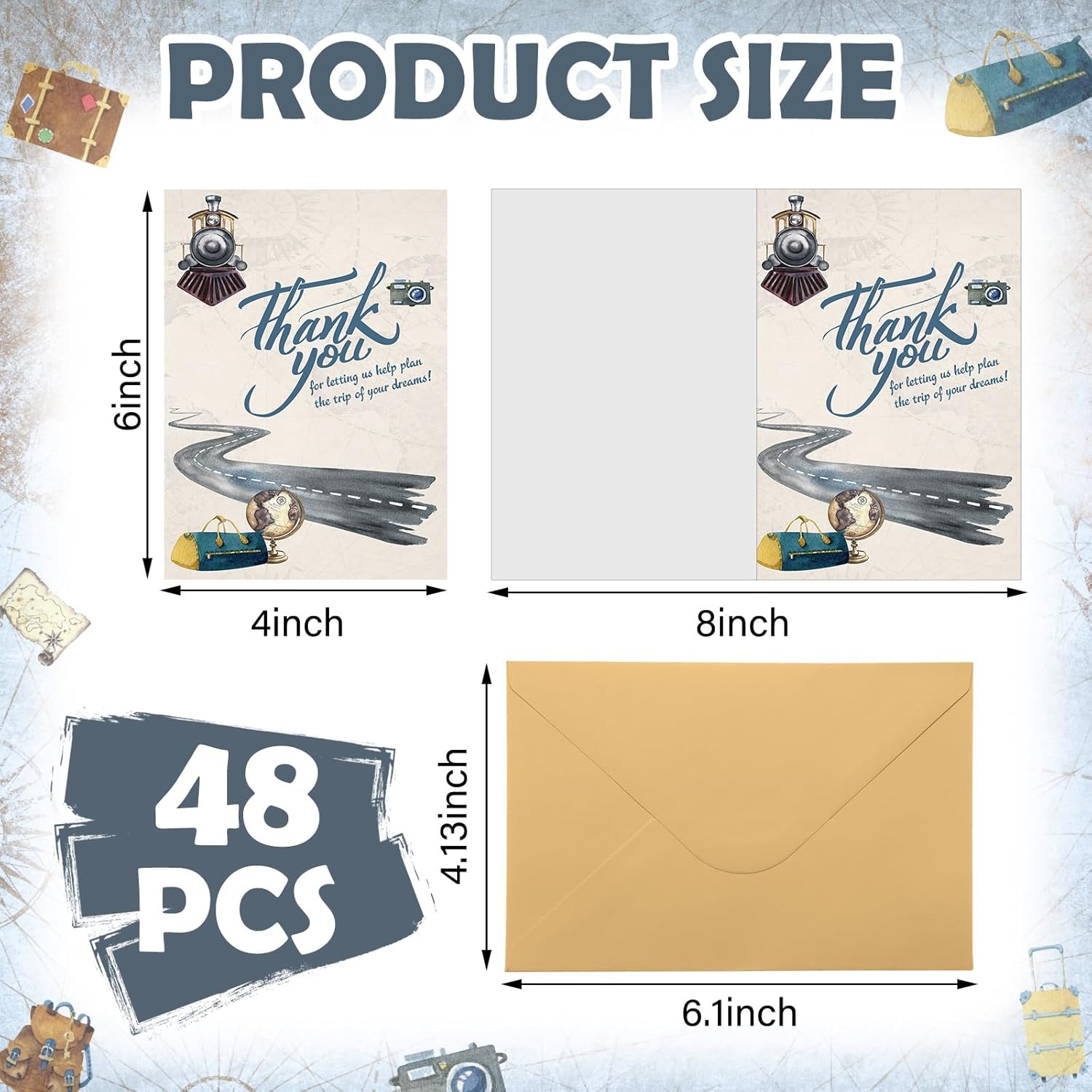 48 Pack Travel Thank You Cards with Envelopes 4 x 6 Inches Notecards with Airplane, Map, Suitcases and Adventure Design Vintage Blank Notecards for Birthday Baby Shower Party