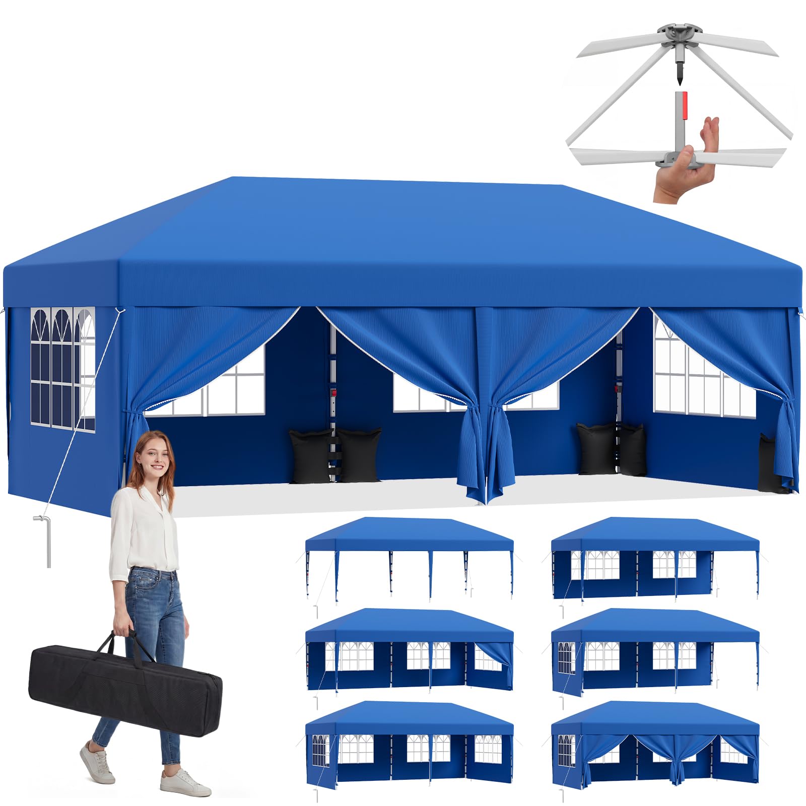 JUMMICO 3x6m Pop Up Gazebo with Sides, Heavy Duty Waterproof Gazebo Marquee, UV50+ Garden Gazebo, 4 Removable Walls & Adjustable Height Folding Tent for Garden Party Camping - Blue 3x6m