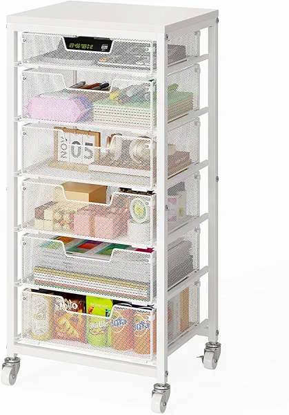 Sbanmao 6 Drawers Utility Cart, Rolling Storage Cart with Wooden Tabletop, Storage Drawer Cart on Lockable Wheels, Craft Cart for Bedroom, Classroom, Office, White