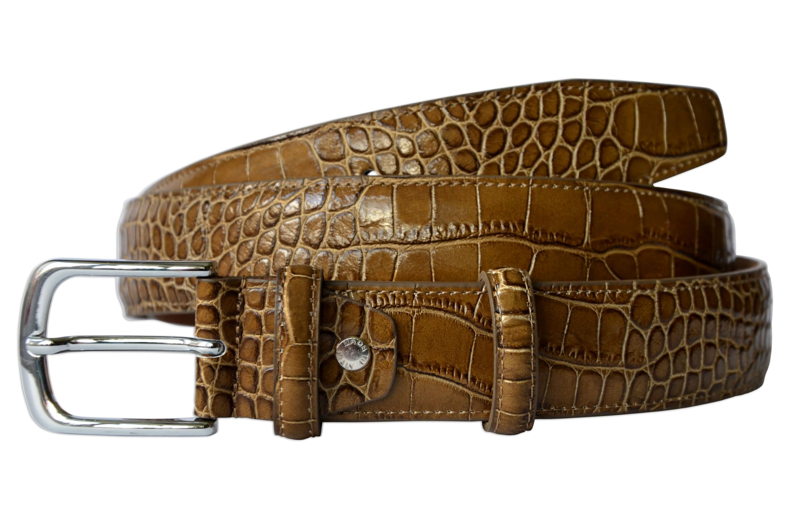 Pasquale Cutarelli Men's Taupe Crocodile Pattern Italian Leather Belt, 3.5Cm Wide, Medium, 36-Inch