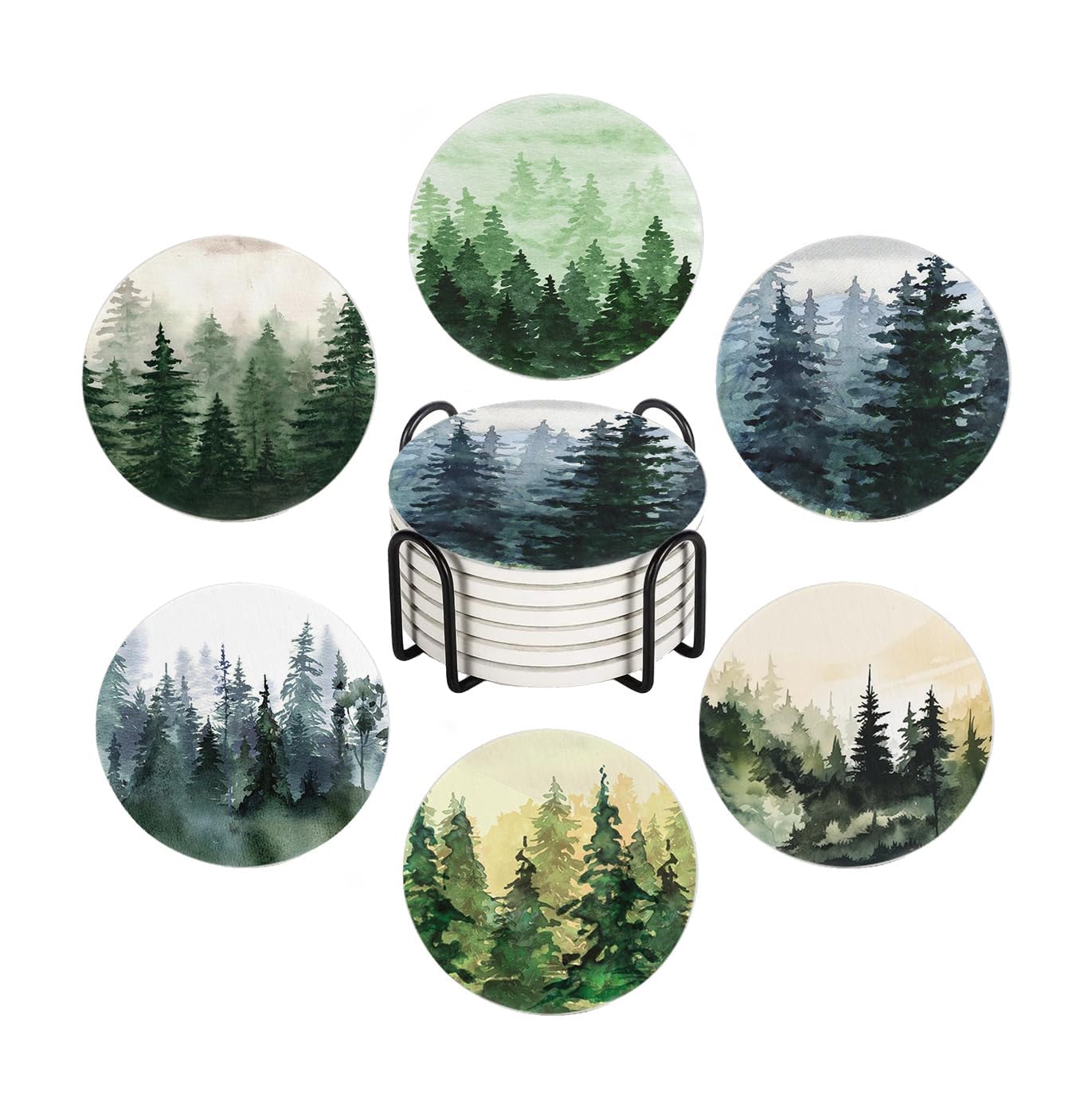 WWOOPLL Drink Coasters Set of 6, Watercolor Landscape Pine Forest Absorbent Round Ceramic Stone Mat Coaster, with Cork Base and Metal Holder, Anti-Slip Cork Bottom for Mugs and Glasses — image 1