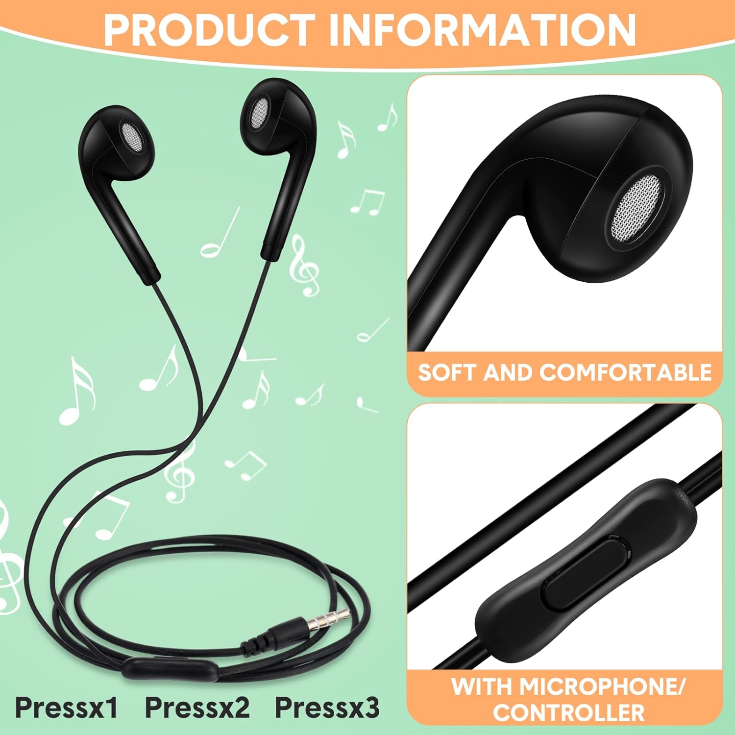 Xinnun 50 Pack Bulk Earbud Headphones with Mic Student in Ear Earbuds Classroom Wired Ear Buds with 3.5mm Headphone Plug for Adults School Library Museum Travel Plane Tablet(Simple,Black)