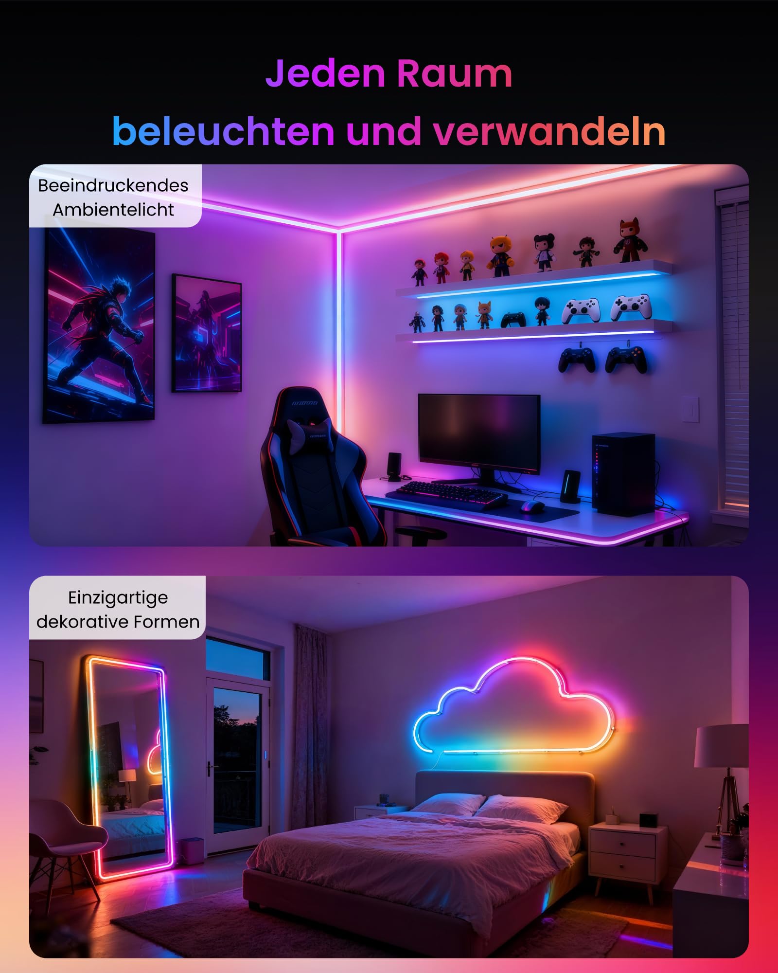 SwitchBot RGBIC Neon Rope Light, 5M Matter Neon LED Strip Kompatibel mit Apple Home, Alexa, Google Home, 16 Millionen Farben, Musik-Synchronisation, Szenenmodi, LED Streifen für Schlafzimmer Deko