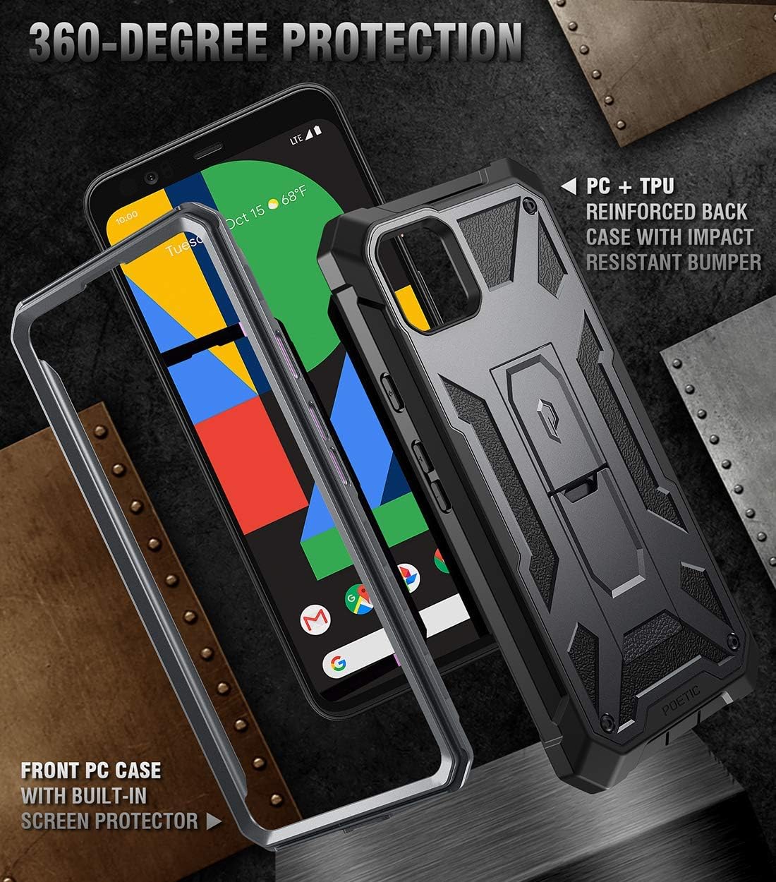 Poetic Spartan Series Designed for Google Pixel 4 5.7 inch Case, Full-Body Rugged Dual-Layer Metallic Color with Premium Leather Texture Shockproof Protective Cover with Kickstand, Gun Metal