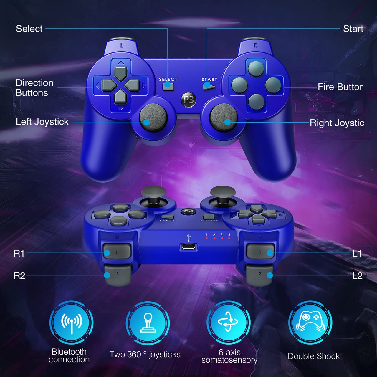 Powerextra PS-3 Wireless Controller for Play-Station 3 with High Performance Upgraded Joystick Rechargeable Battery Double Shock for PS-3 (Blue) : Video Games