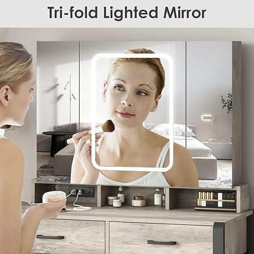 Miniatura 8 de Fameill Escritorio de tocador con espejo iluminado y tira de alimentación, espejo de tres pliegues con luces, juego de tocador de 2 cajones con