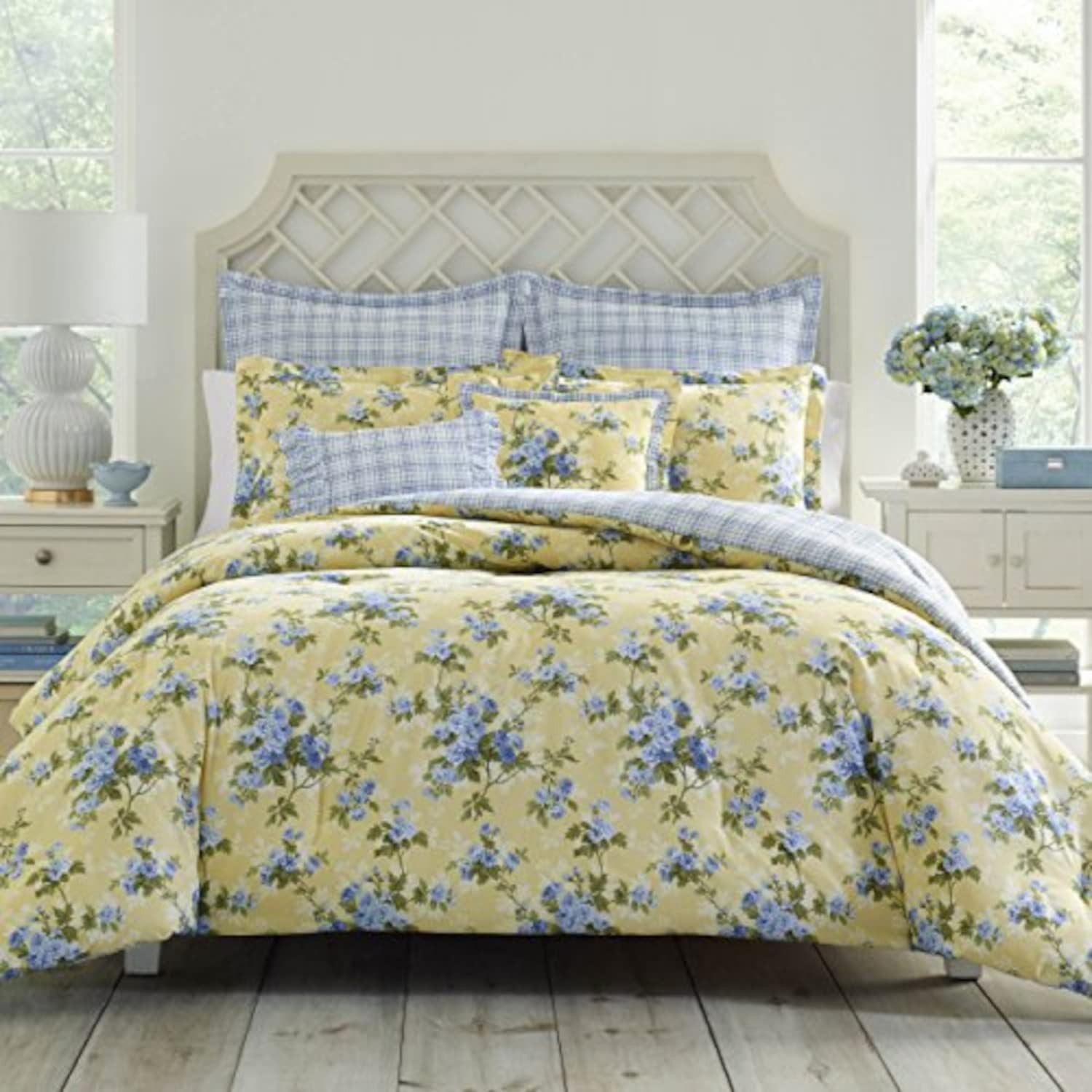 King Comforter Set, Cotton Reversible Bedding, Includes Matching Shams with Bonus Euro Shams & Throw Pillows (Cassidy Yellow, King)
