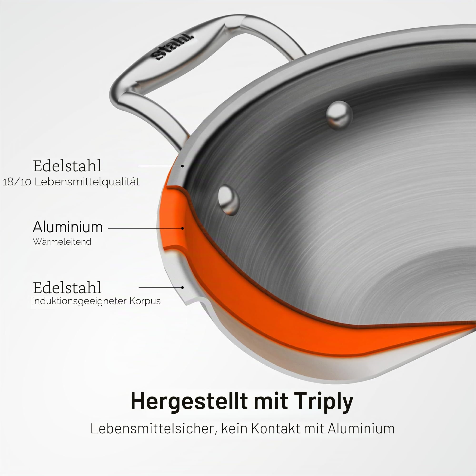 Stahl Edelstahl Triply Wok mit Deckel | Edelstahl-Kochgeschirr Triply Wok | Gas- & Induktionsboden | Ø 34 cm | 8 L (für 8-10 Personen)
