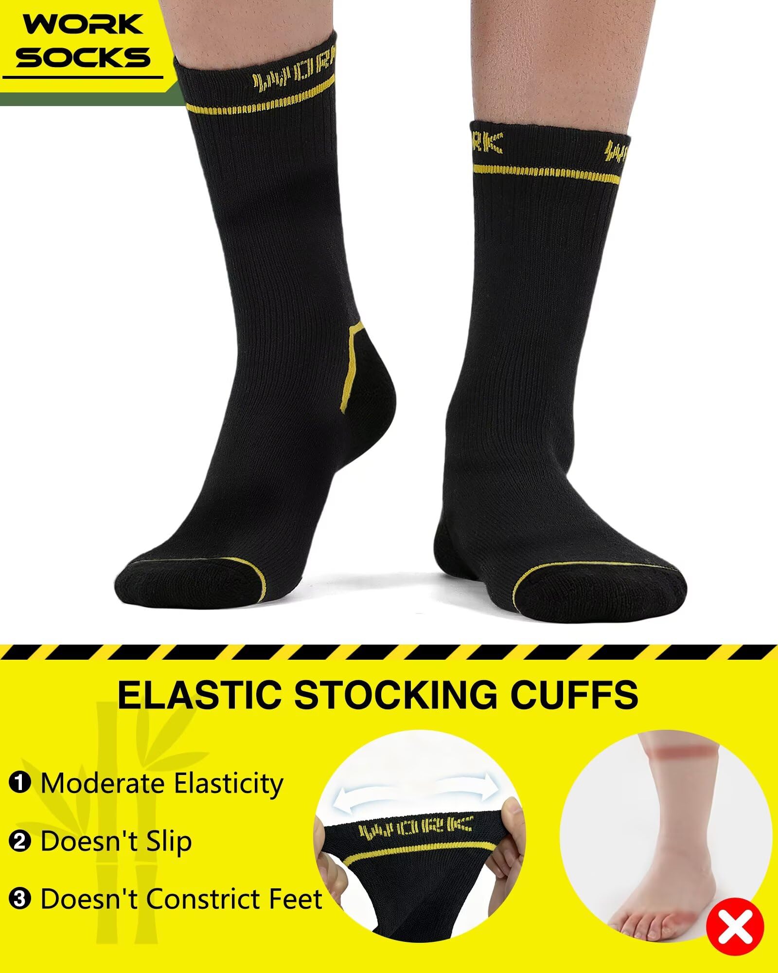 FALARY Bambù Calze da Lavoro Uomo (6 Paia) Calzini Spugna Neri Work Socks | 80% Bambù Fibre, Traspirante, Antibatterico, Adatto ai Lavoratori Manuali, Rinforzate Tallone e Punta, Durevole e Resistente