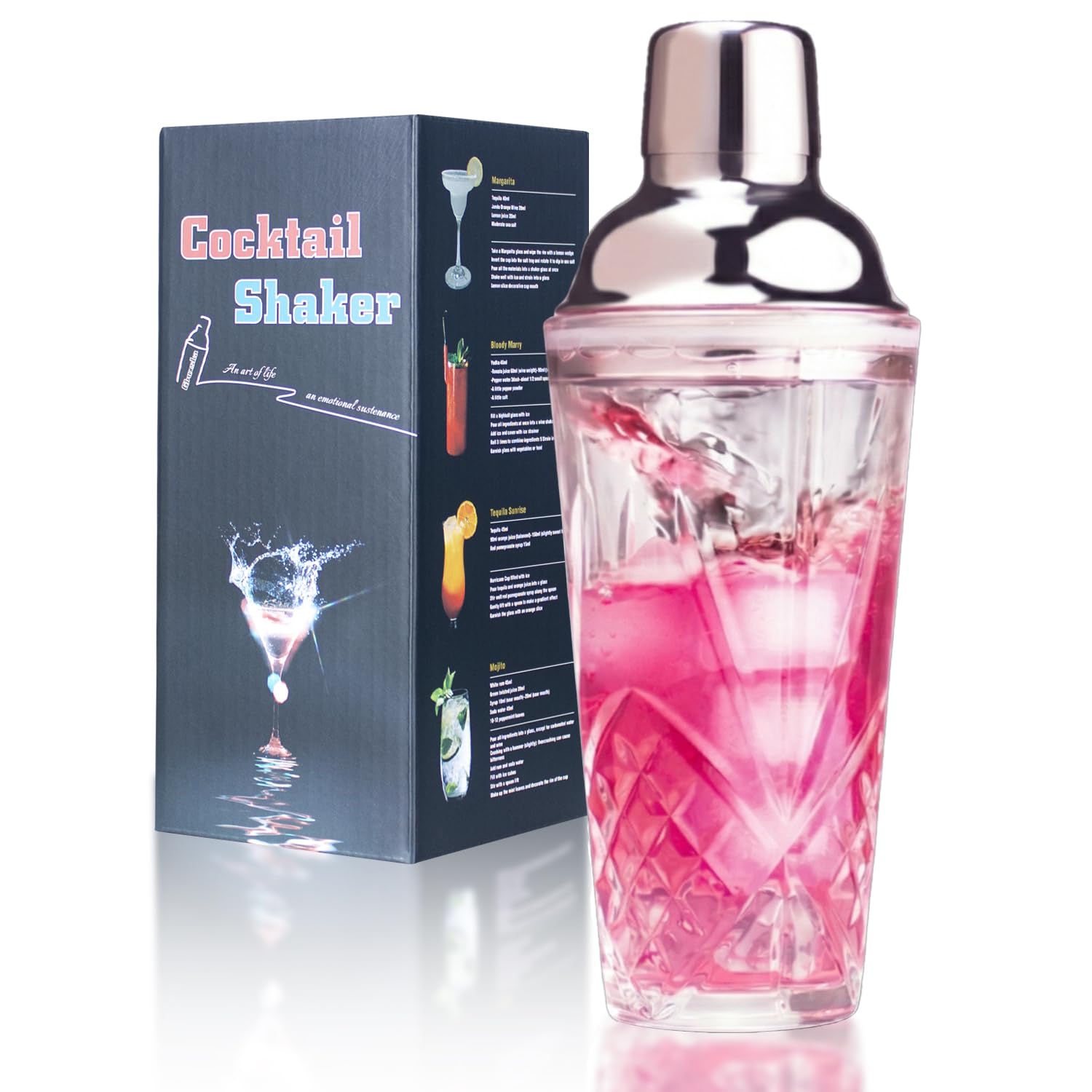 Kit de coctelera de vidrio, juego de fabricación de cócteles sin alcohol de Martini de 14.5 onzas con tapa de acero metálico a prueba de fugas y colador para uso doméstico y carrito de bar,