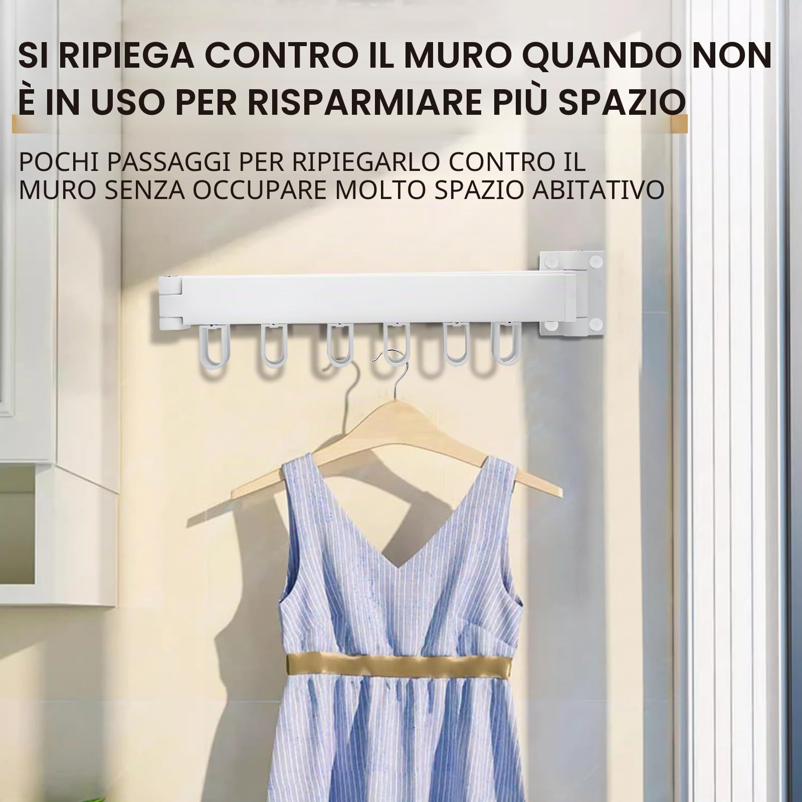 90cm Stendibiancheria Da Parete, Stendino Alluminio, Allungabile, Bianco, 12 Ganci