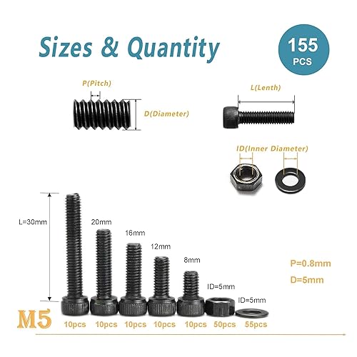 Miniatura 2 de Kadrick Surtido de Tornillos Métricos, Juego de Tornillos M5 de 155 Piezas, Pernos de Cabeza Hexagonal con Enchufe, Tornillos M5*8mm12mm16mm20mm30mm