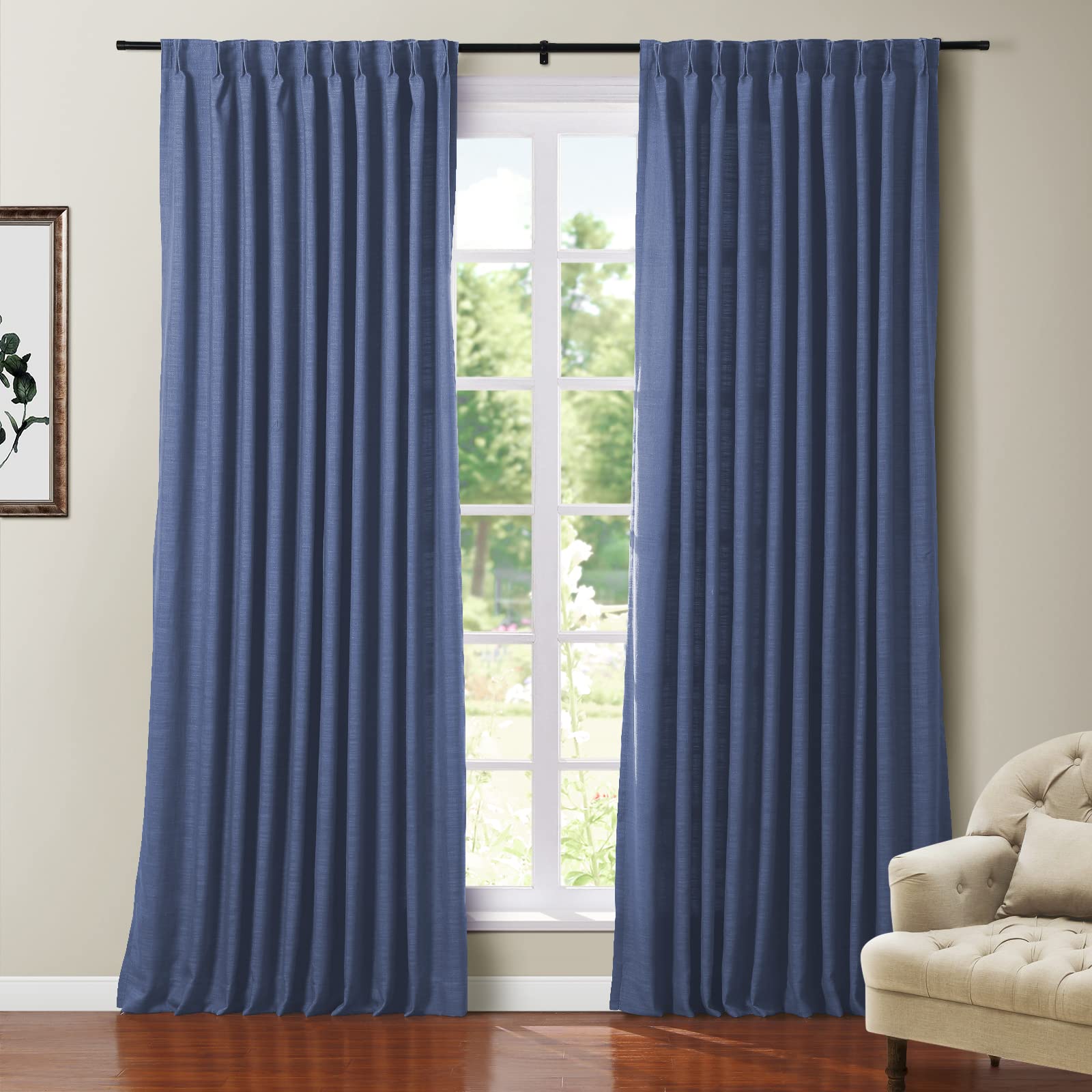 TWOPAGES Polyester Linen Blackout Navy Blue Drape Thermal Insulated Heavy Weight Curtain with Pinch Pleat and Back Tab for Guest Room Bedroom Textured