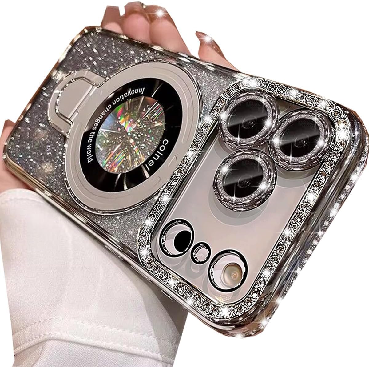 Magnetic Stand Glitter Case for iPhone 17 Pro,[Compatible with Magsafe] Luxury Bling Sparkly Rhinestones Diamond with Camera Lens Protector&Kickstand Women Girls Case for iPhone 17 Pro,Silver - Image 6