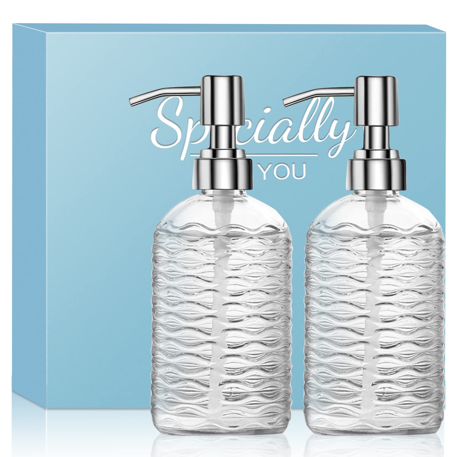 ACCL, Refillable Glass Hand Dish Pump, Lotion Liquid Soap Dispenser for Bathroom, Kitchen Sink (2 Packs), Wave