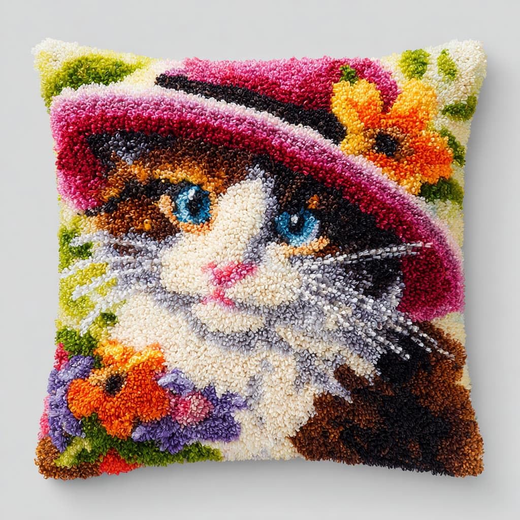 Henypt Latch Hook Pillow Case Kits, Cats and Flowers