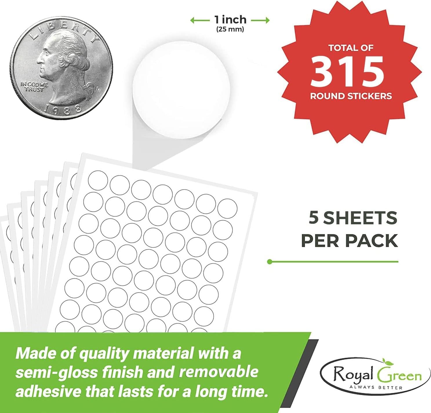 Royal Green Printable White Round Labels – 1 Inch Circle Sticker Sheets for Inkjet & Laser Printers, Removable Adhesive, 63 Labels per Sheet, 5 Sheets (315 Total), A4 Sheet with Template
