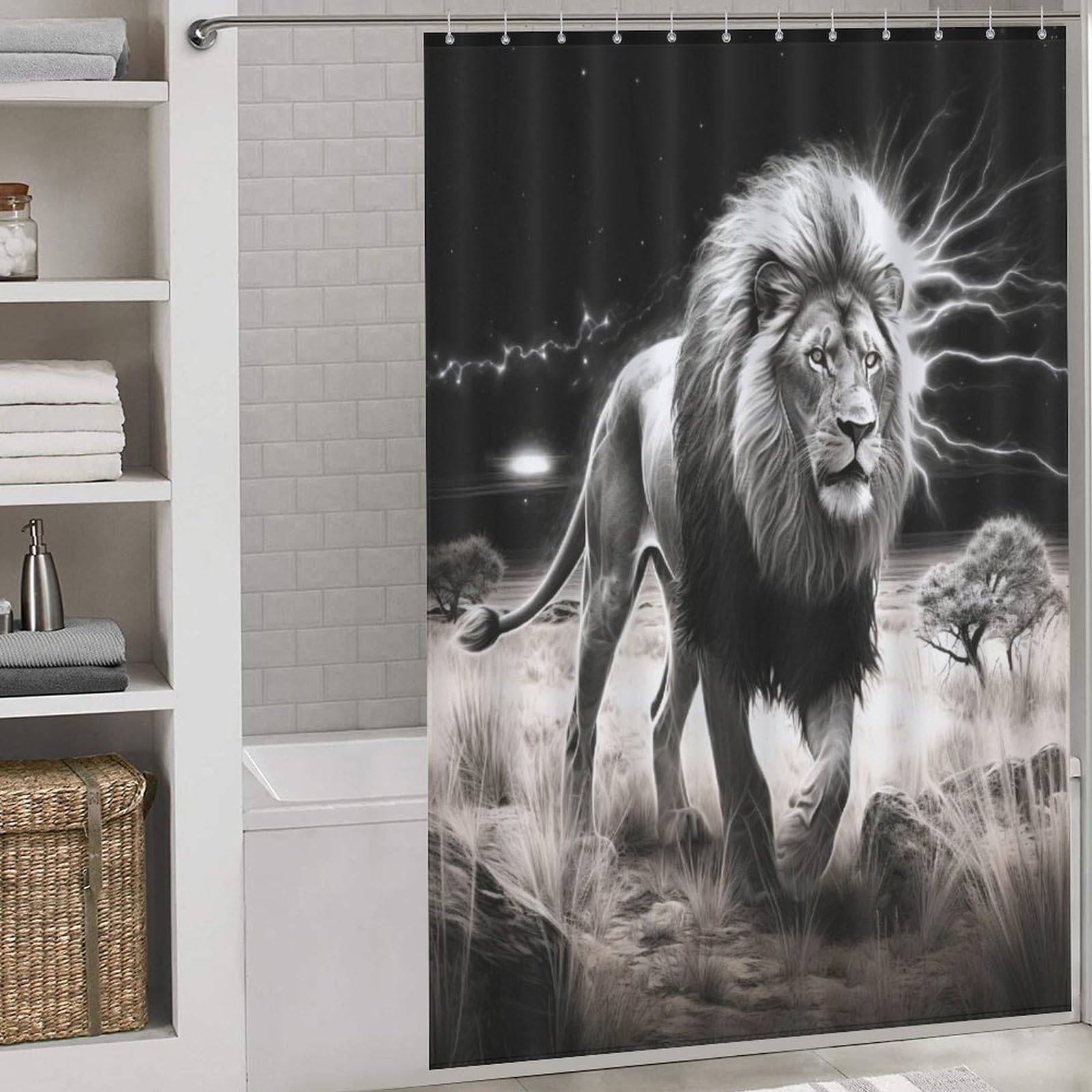 Rideau de douche lion rideau baignoire tissu anti moisissure 152x183cm avec 12 anneaux