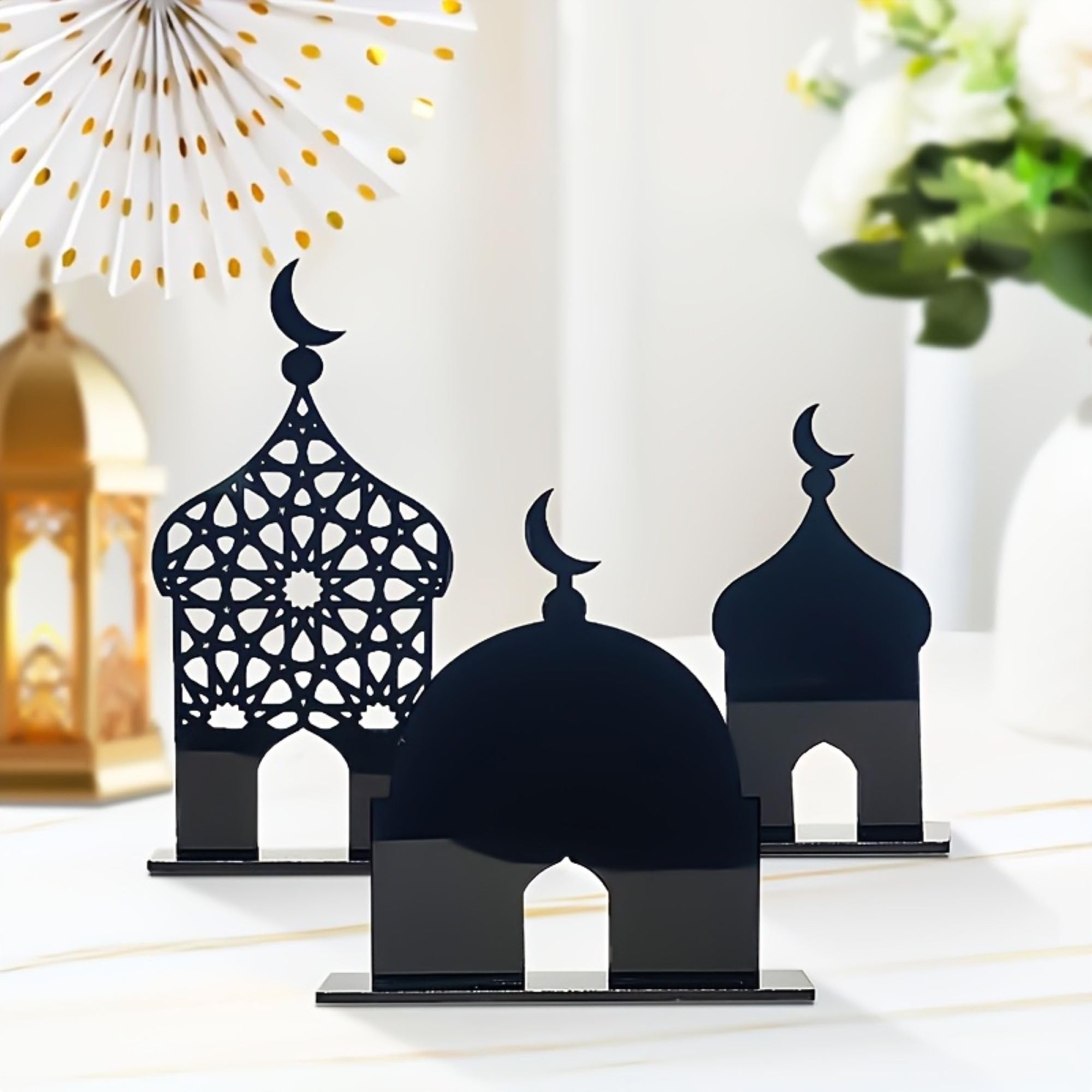 Ramadan Minaret 3 Pcs Black Geometric Table Decor Set, Acrylic Islamic Festive Decoration for Home, Desk & Fireplace, Eid & Ramadan Gifting American Elm