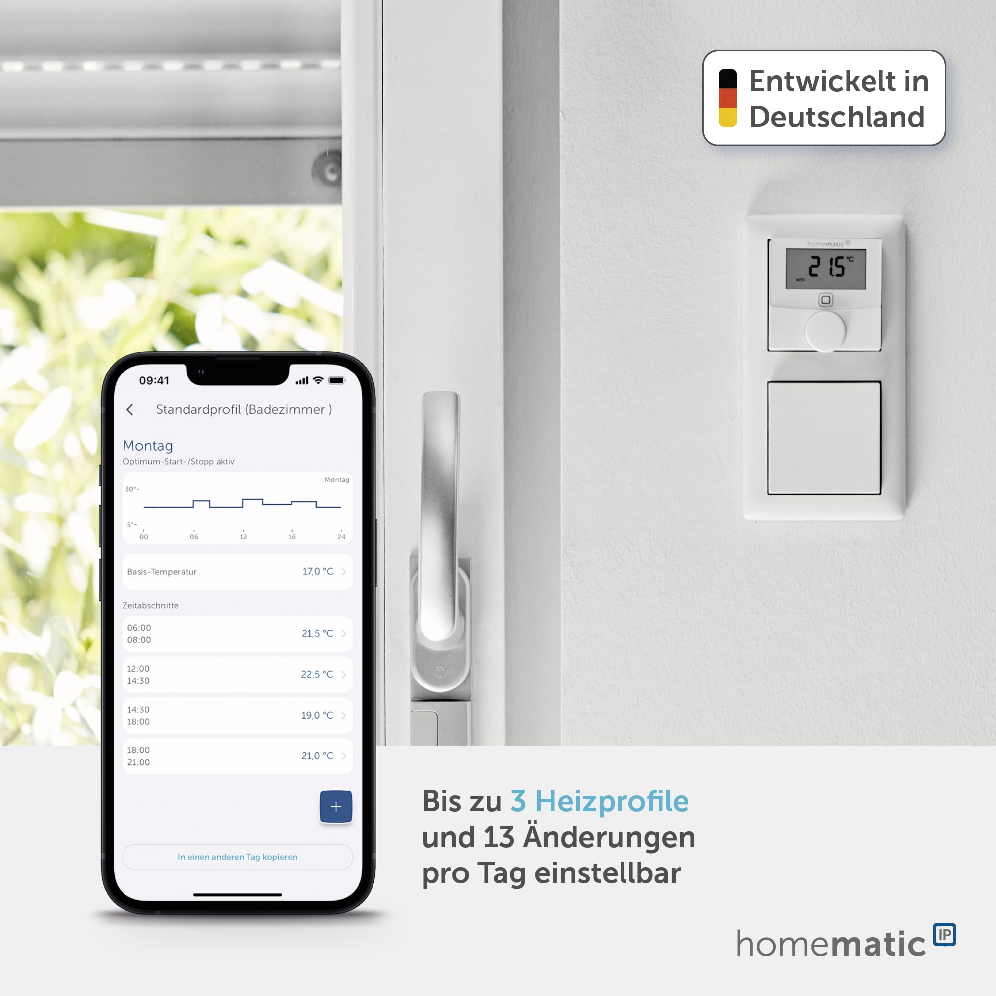 Homematic IP Wandthermostat mit Schaltausgang – für Markenschalter, Smart Home, digitales Thermostat Fußbodenheizung mit/ohne App, Alexa, Google Home, Temperaturmessung, Energie sparen, 150628A0