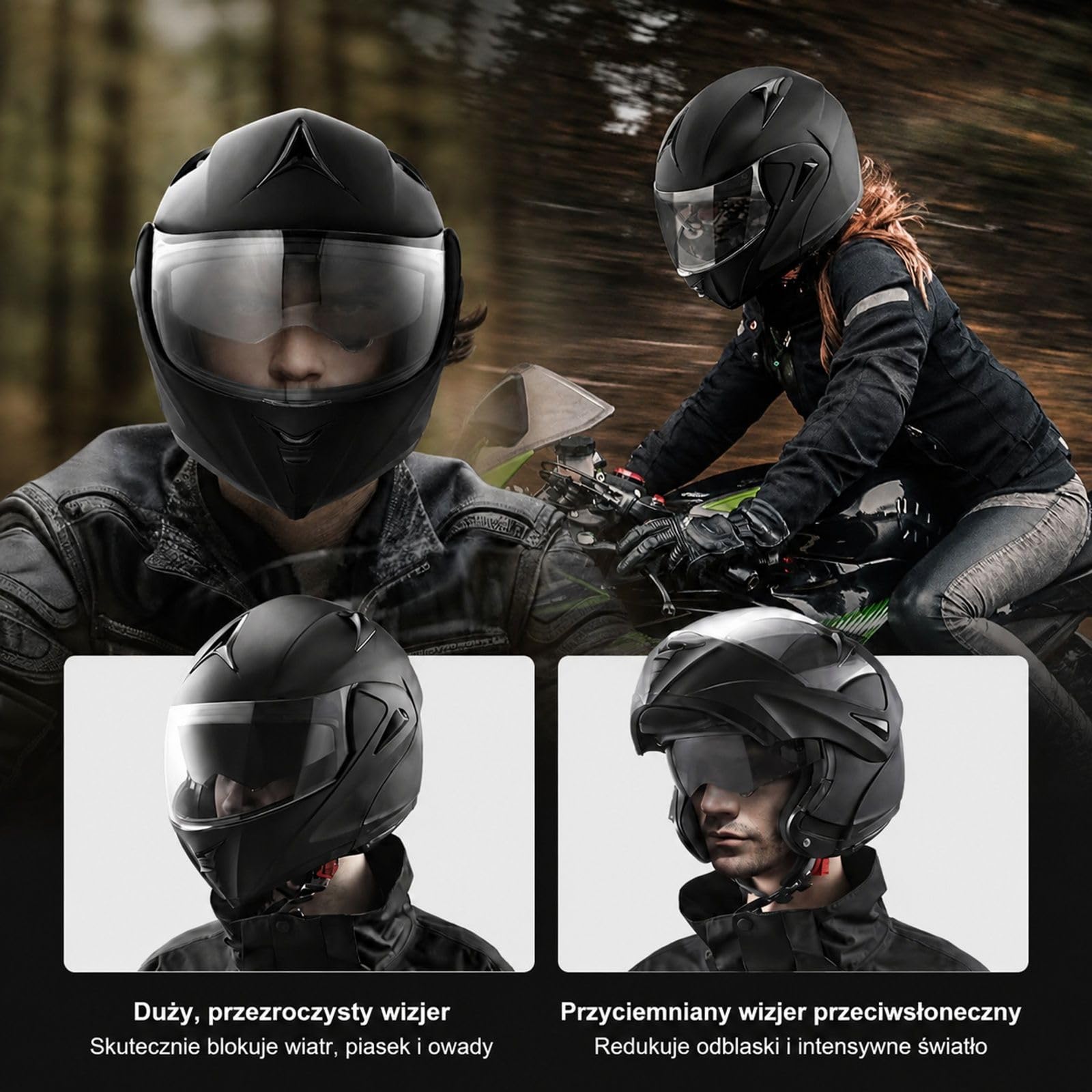 Czarny kask motocyklowy bez maski, skorupa ABS, wymienna szybka do motocrossu i jazdy