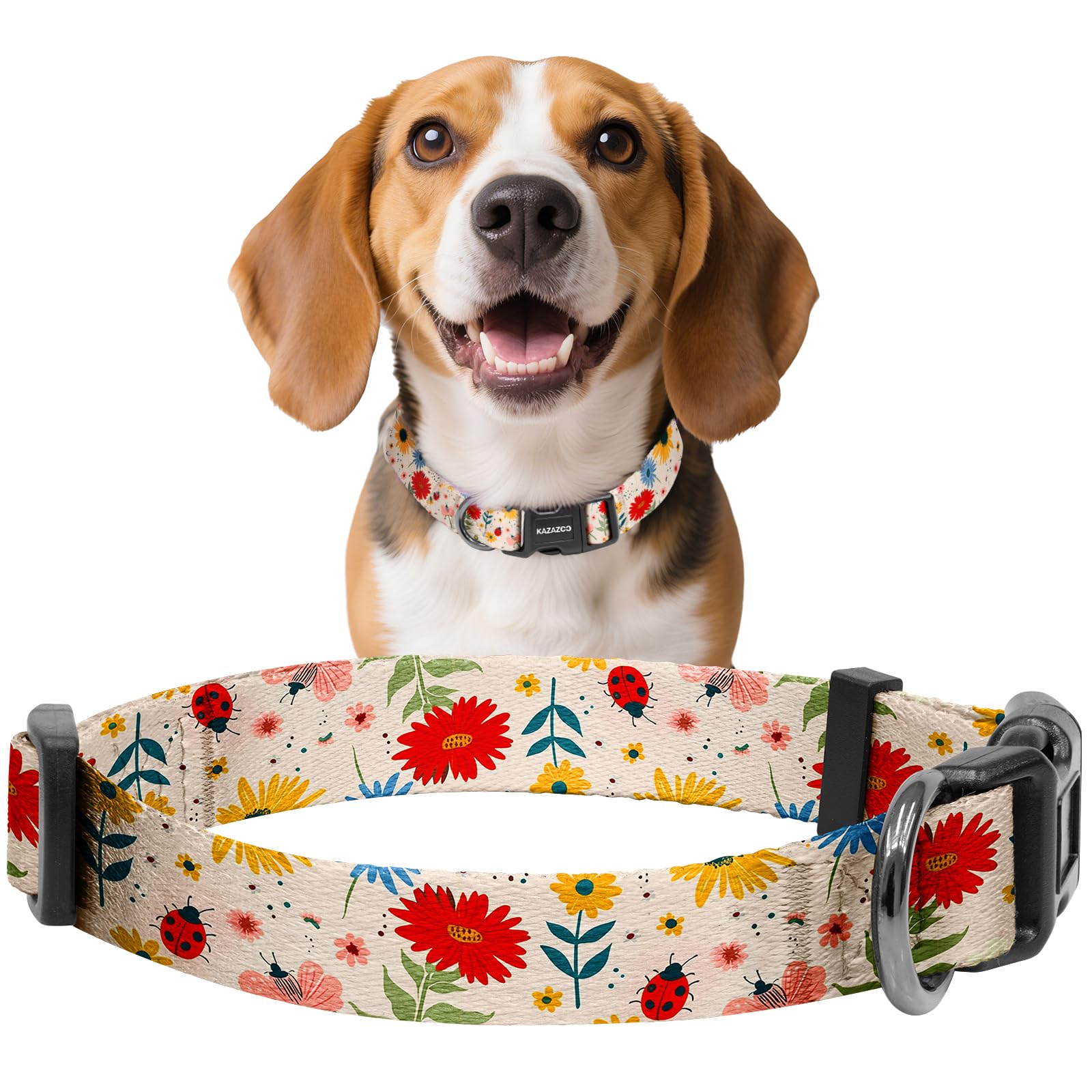 Kazazoo Dog Collar Cute and Soft Nylon Puppy Collar for Boy and Girl, Adjustable Dog Collars for Small Medium Dogs, Ladybugs and Flowers-M
