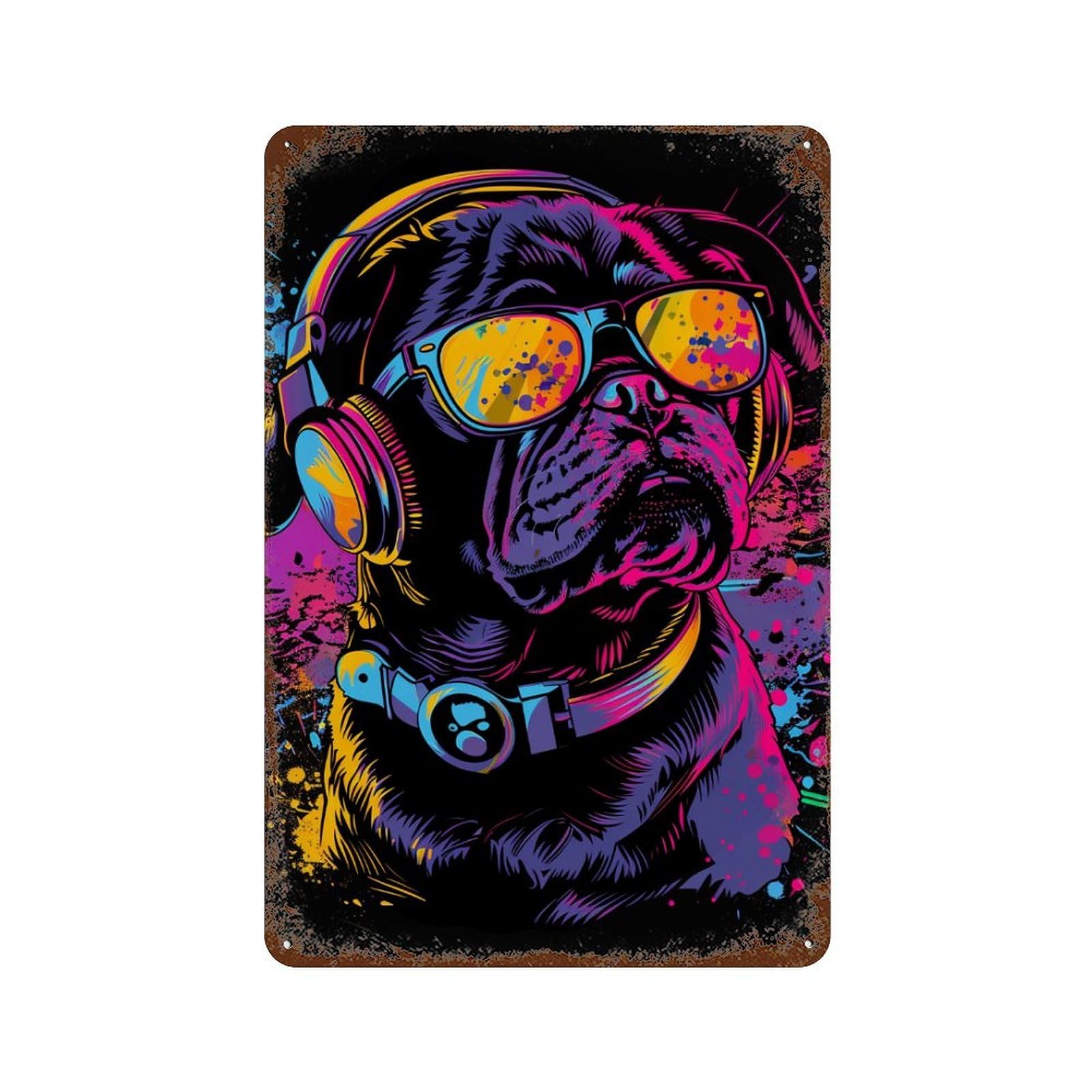Colorful Pug DJ Art Print Distressed Metal Wall Sign 11.8"x7.9", for Garage, Bar And Workshop Decor, Decorative Metal Wall Art