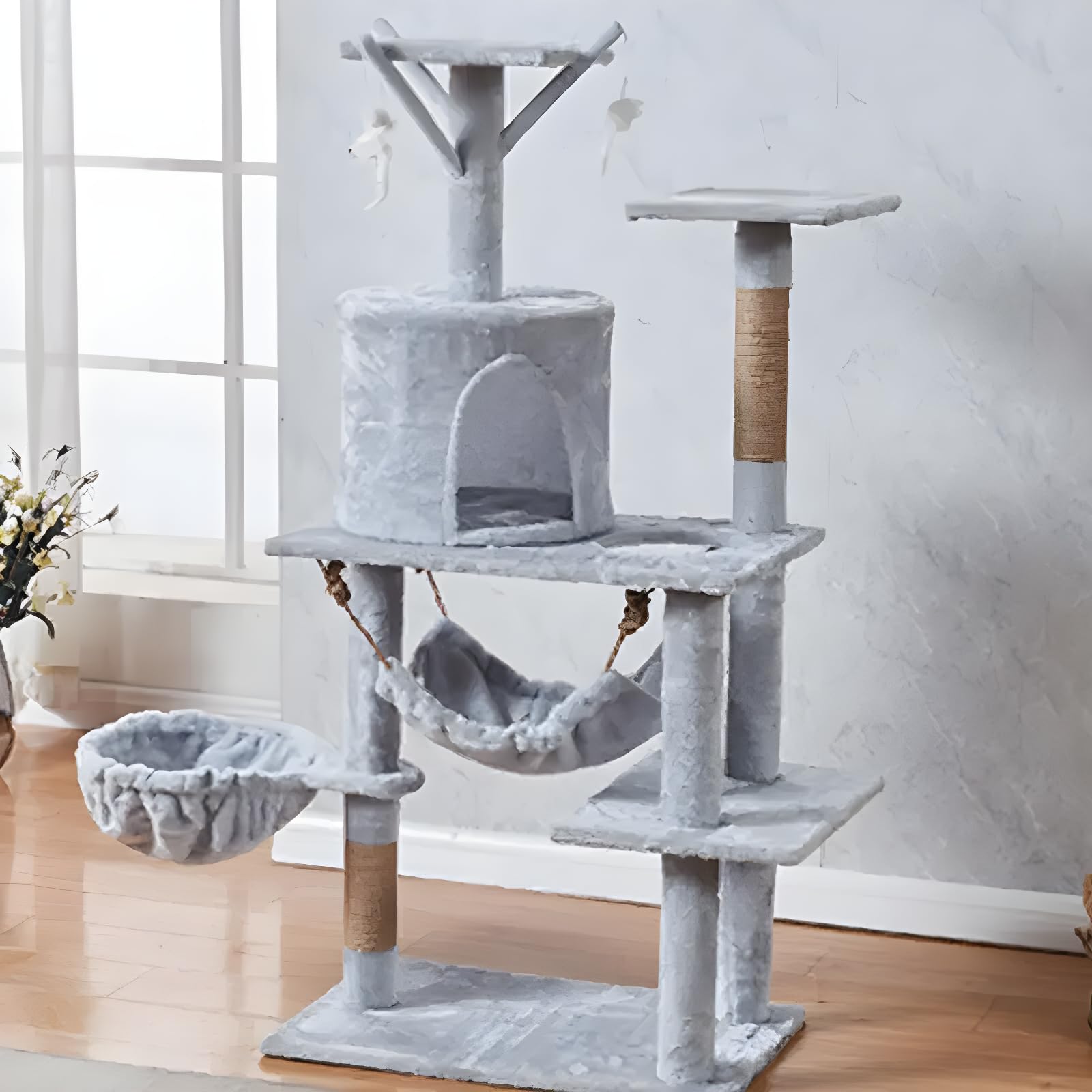 MATCHI Rascador para Gatos con Torre, Juegos y Juguetes Integrados, Castillo Árbol Multifuncional, Mueble y Accesorios, Casas y Rascadores para Gato, Castillo Cat Tree. 140 cm - Gris